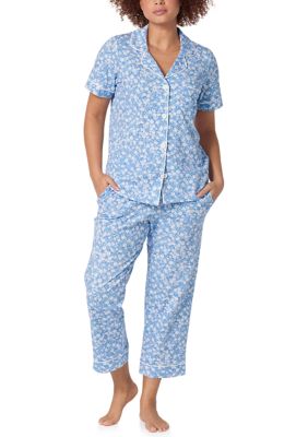 BedHead PJs Women's Floral Print Cropped Pajama Set, Blue, Small