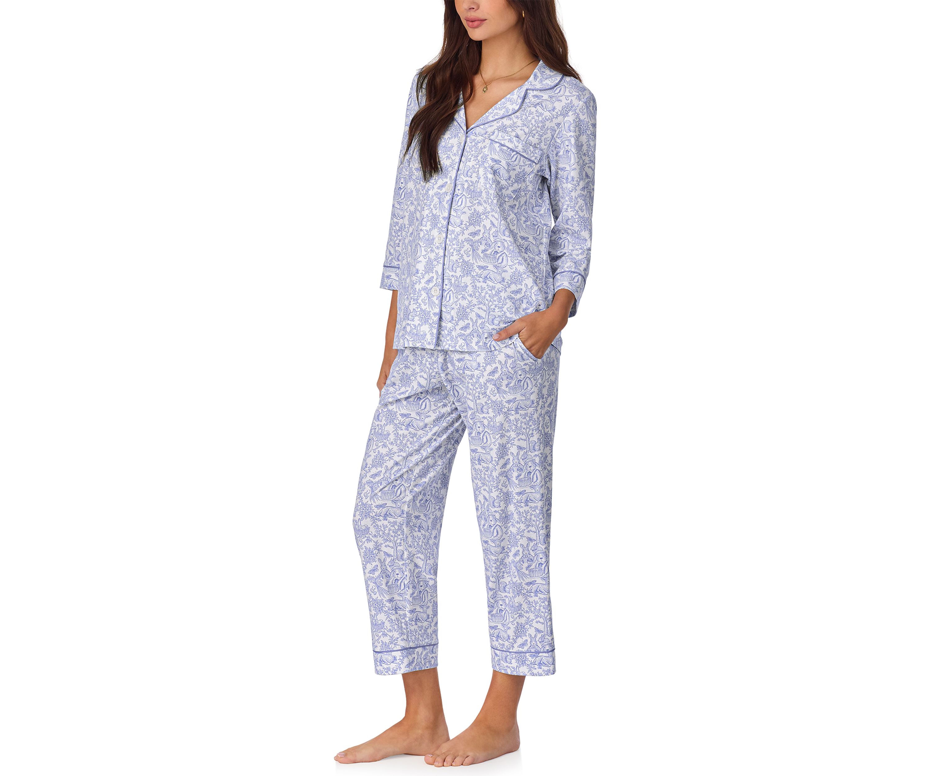 Cotton Knit 3/4 Sleeve Cropped Pajama Set 