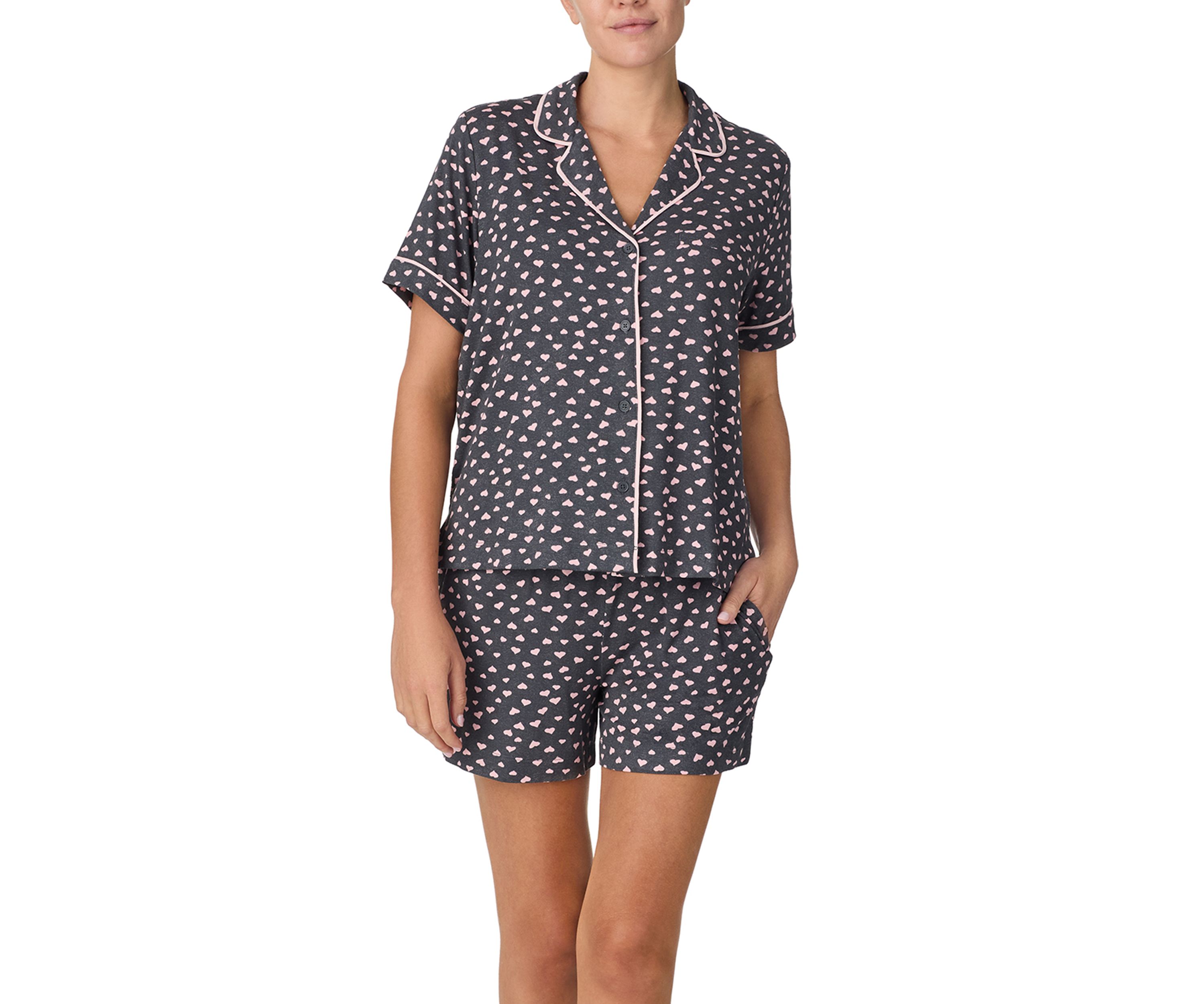 Womens Short Sleeve Notch Top and Boxer Shorts Pajama Set