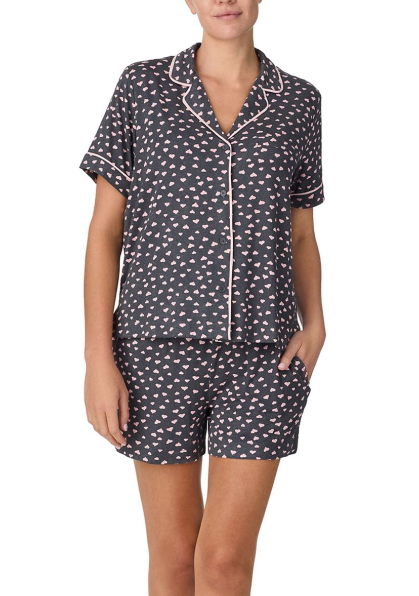 Womens Short Sleeve Notch Top and Boxer Shorts Pajama Set