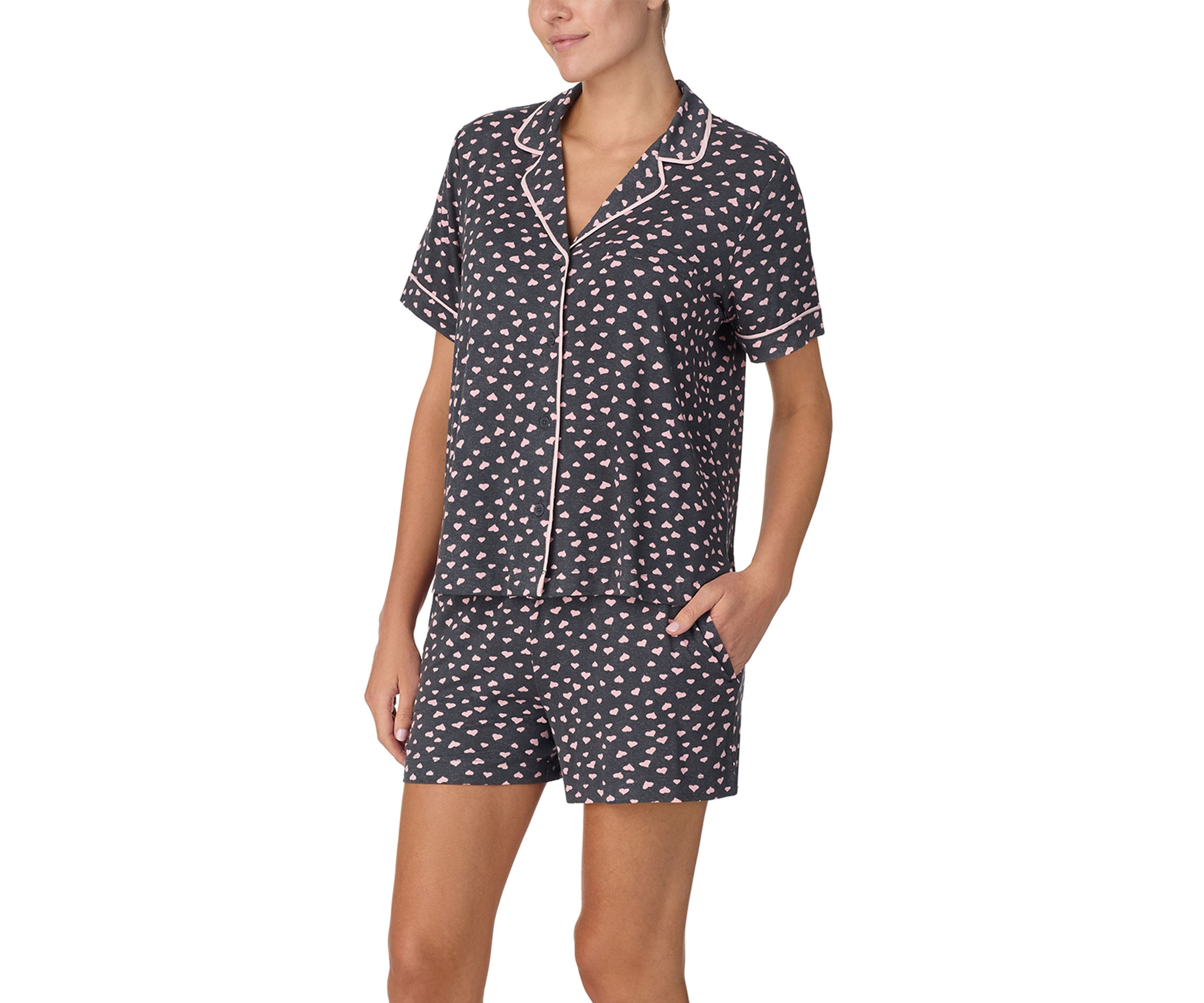 Womens Short Sleeve Notch Top and Boxer Shorts Pajama Set