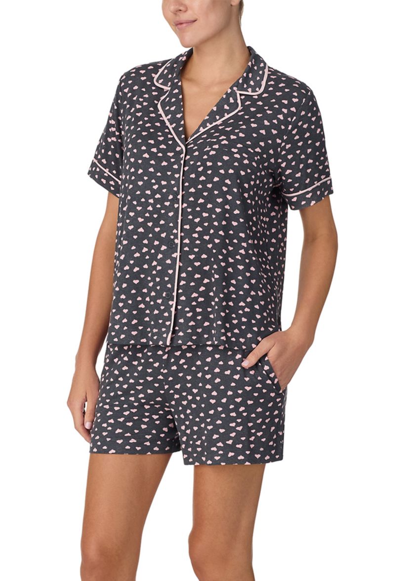 Womens Short Sleeve Notch Top and Boxer Shorts Pajama Set