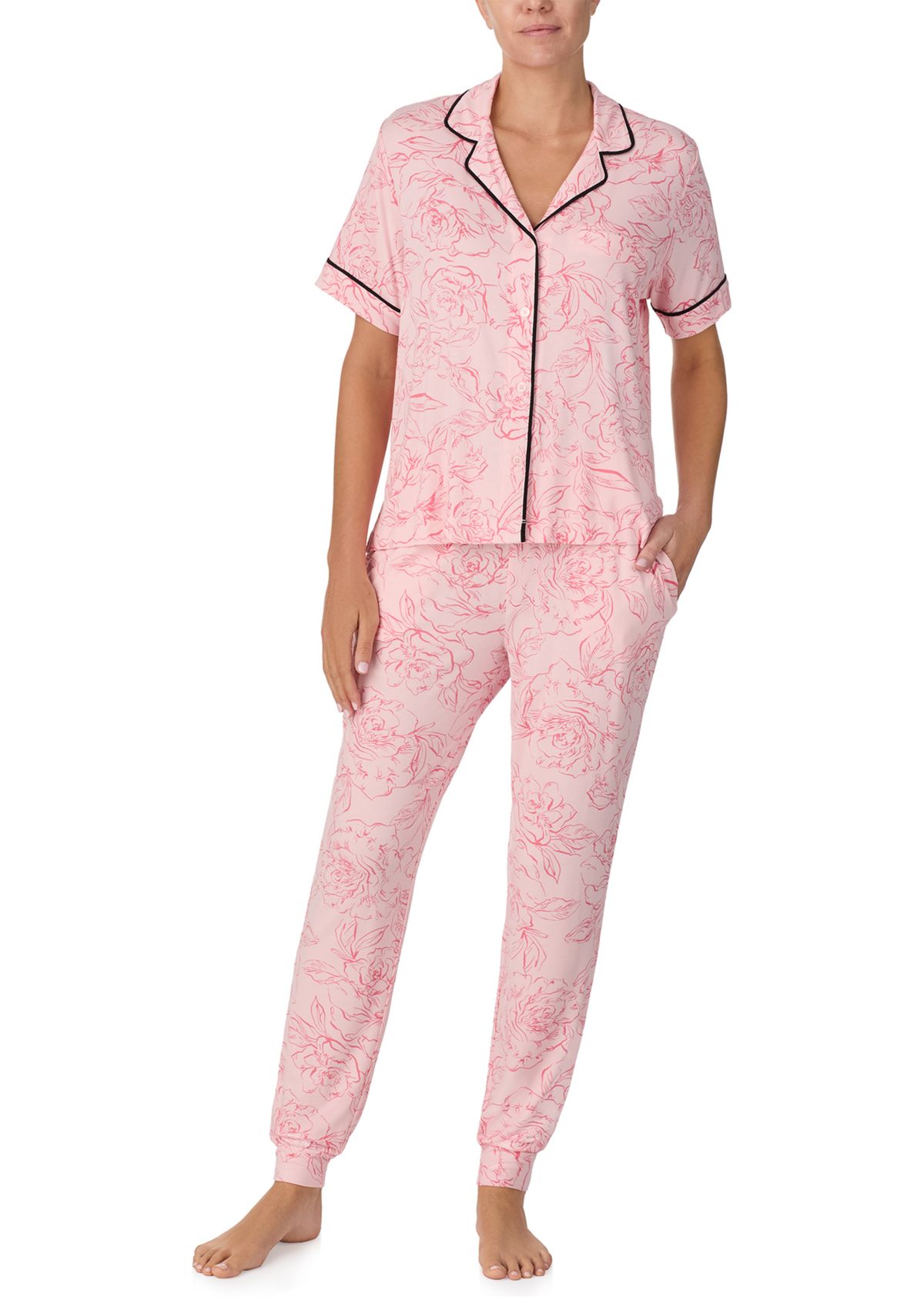 Womens Short Sleeve Notch Top and Jogger Pajama Set