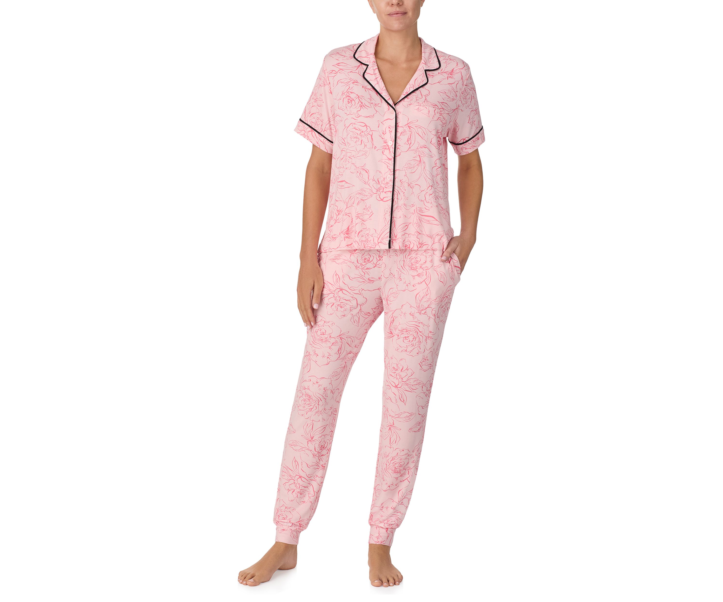 Womens Short Sleeve Notch Top and Jogger Pajama Set