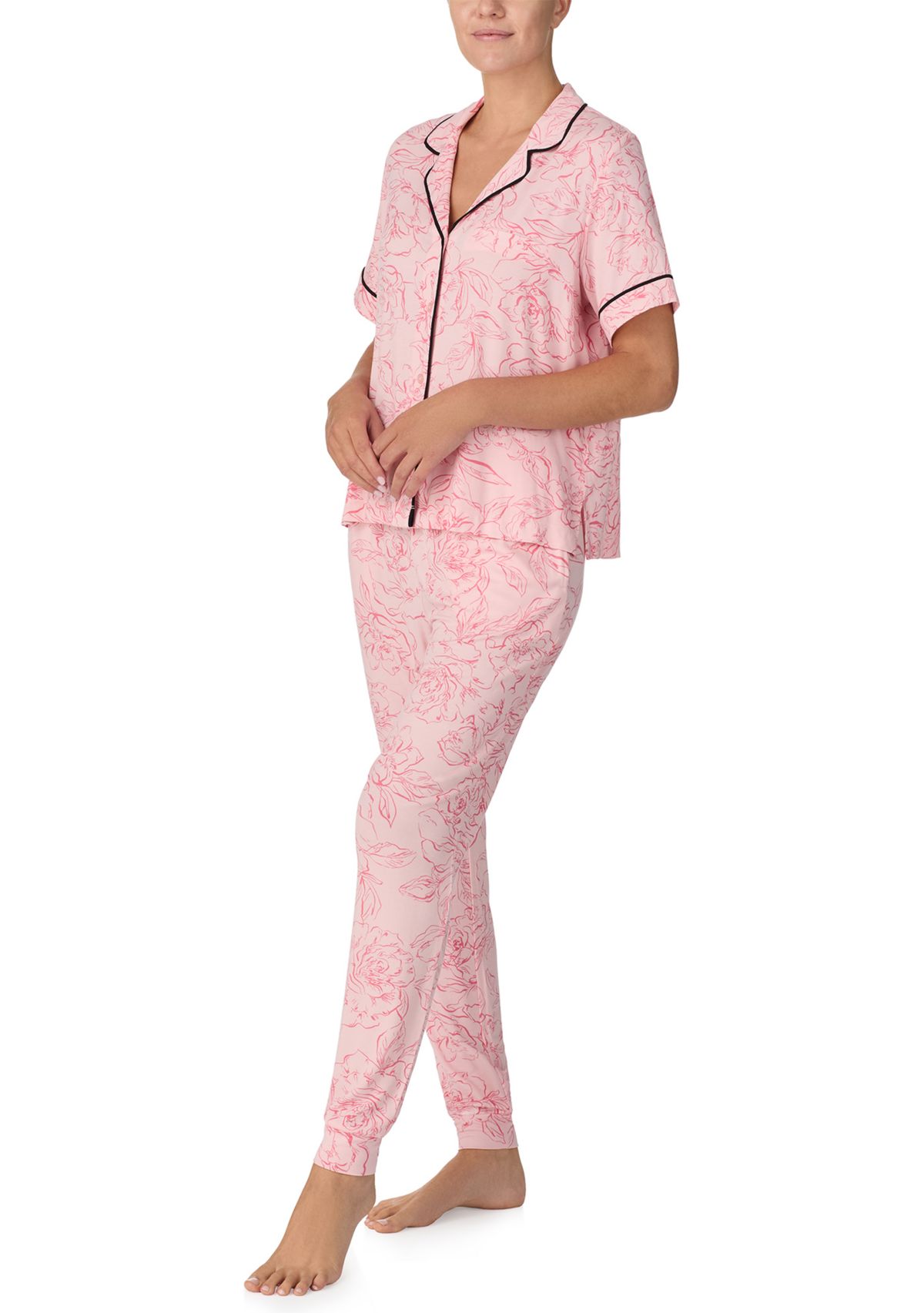 Womens Short Sleeve Notch Top and Jogger Pajama Set