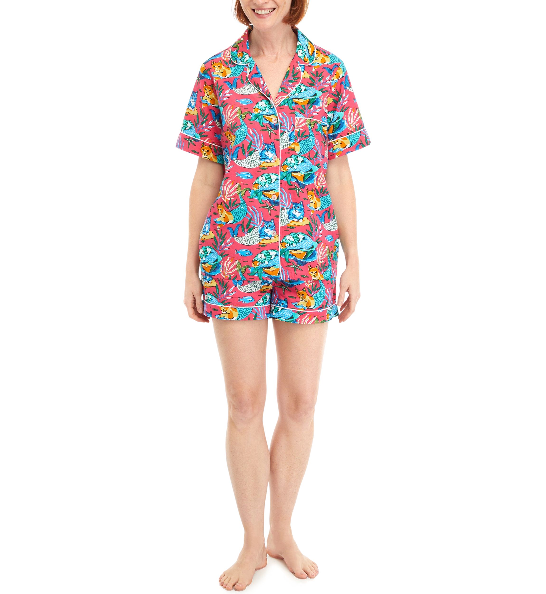 Meowing Mermaids Printed Notch Collar Top and Shorts Pajama Set