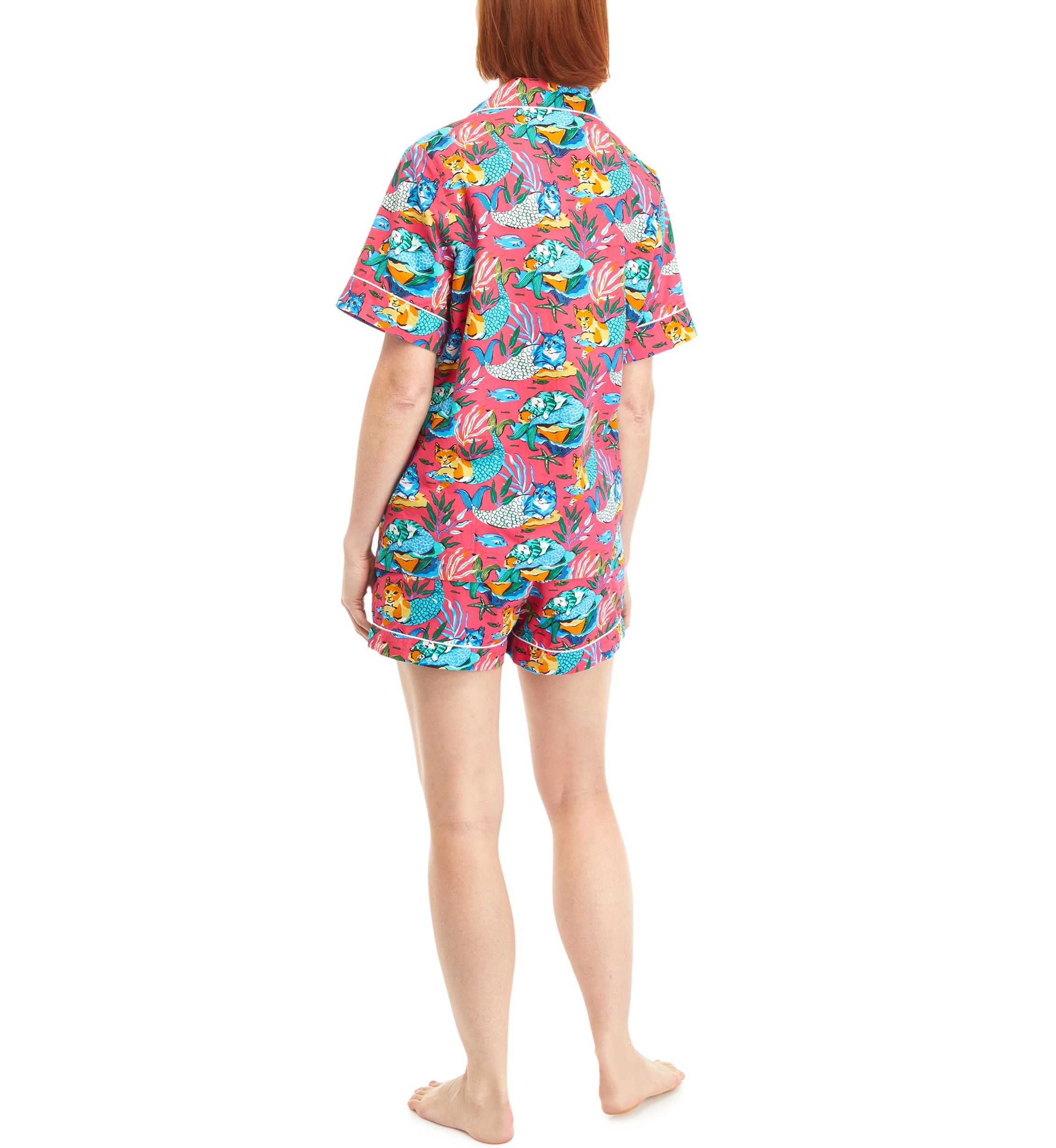 Meowing Mermaids Printed Notch Collar Top and Shorts Pajama Set
