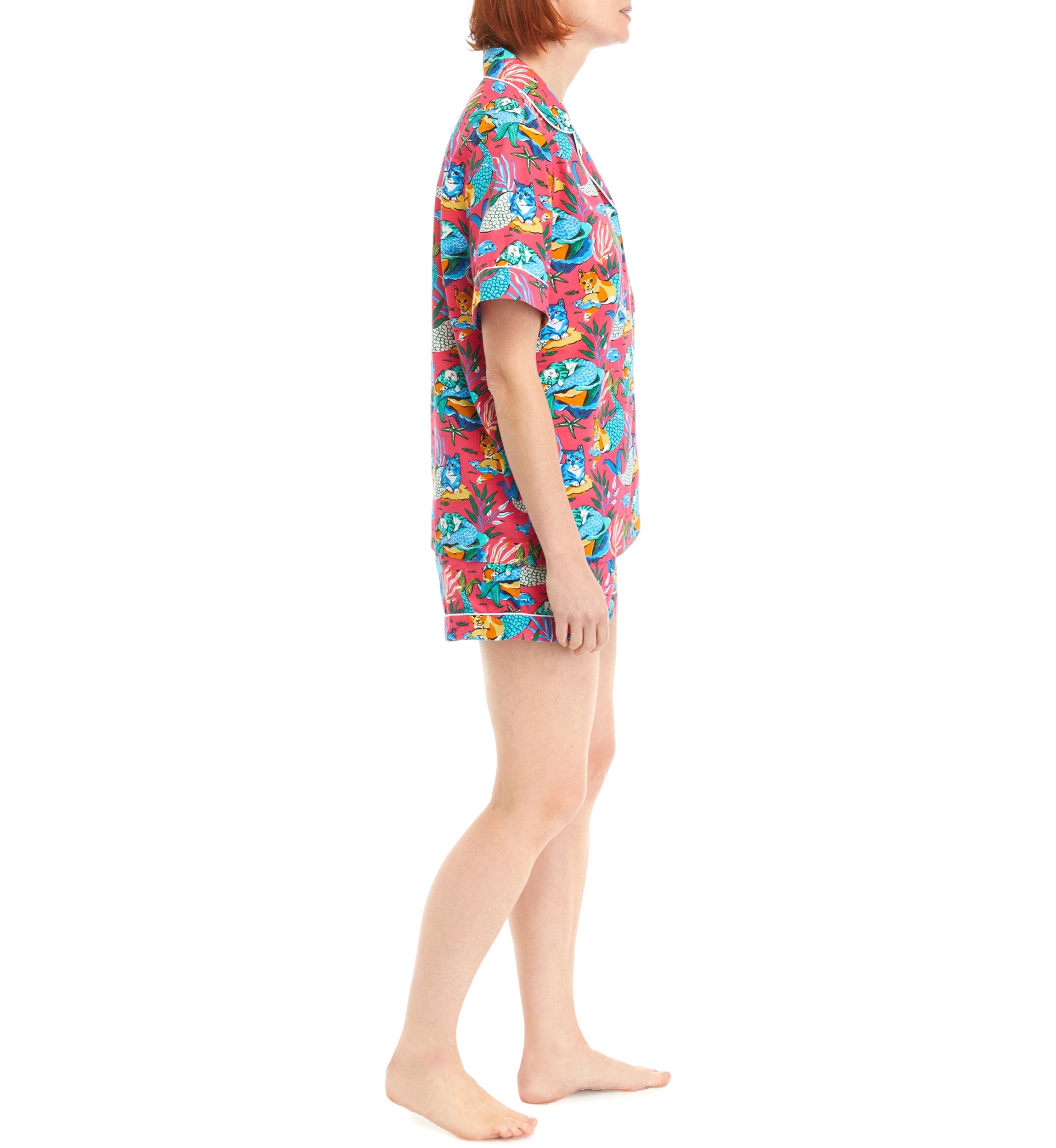 Meowing Mermaids Printed Notch Collar Top and Shorts Pajama Set