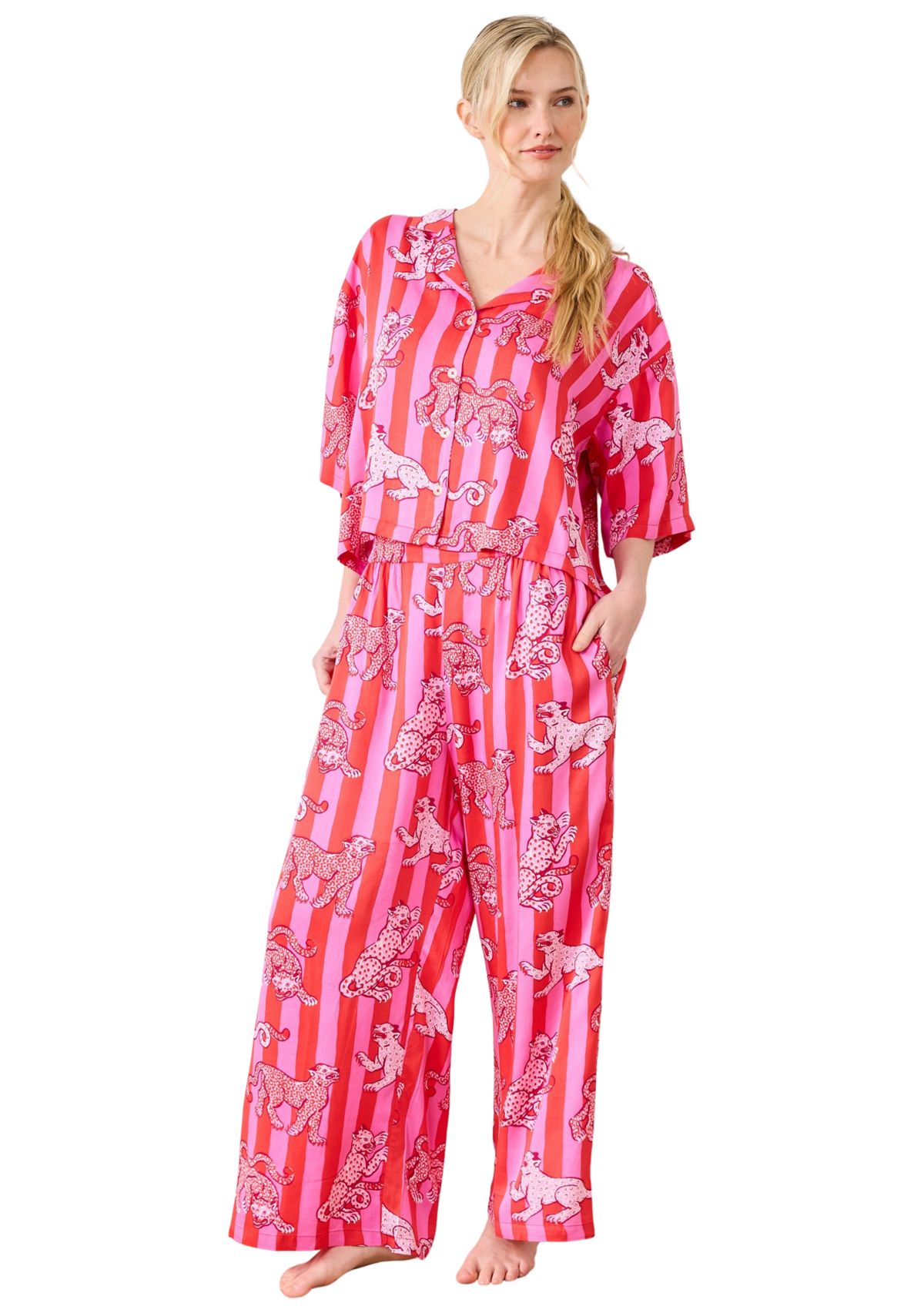 Womens Satin Leopard Stripes Wildest Dreams Pajama Set