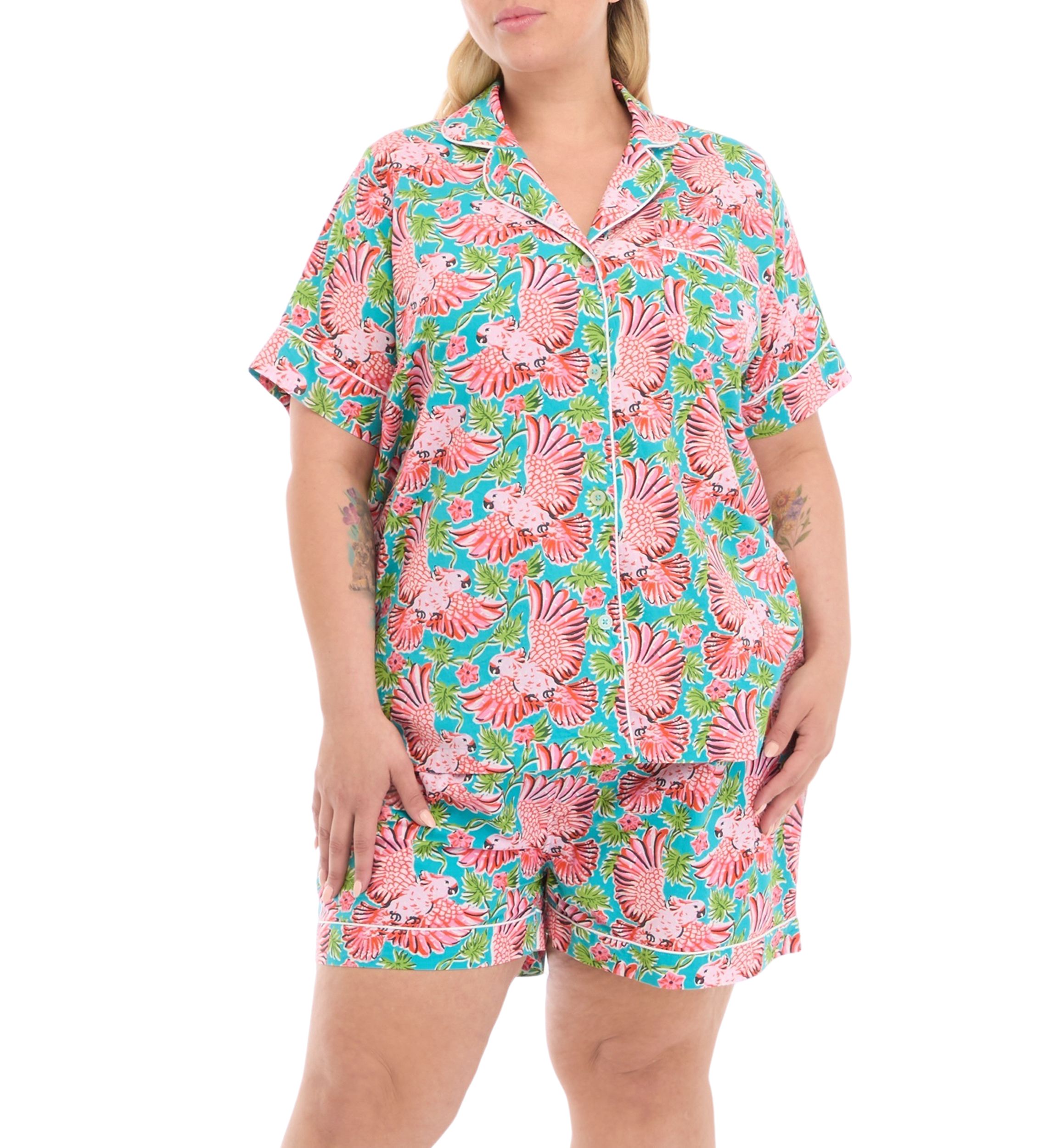 Plus Size Short Sleeve Short Set - Playful Parrots 