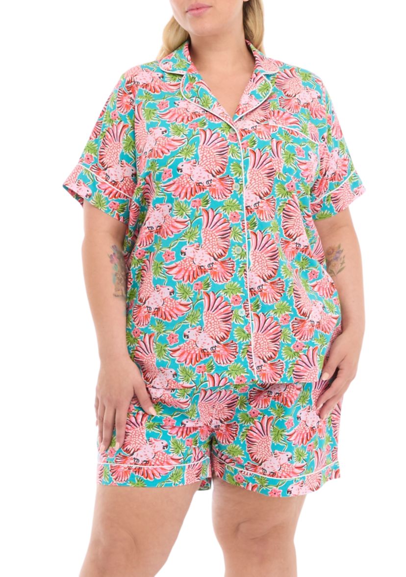 Plus Size Short Sleeve Short Set - Playful Parrots 
