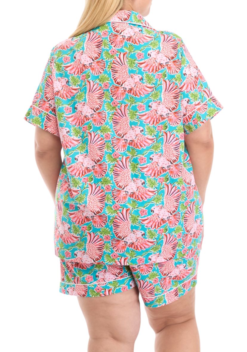 Plus Size Short Sleeve Short Set - Playful Parrots 