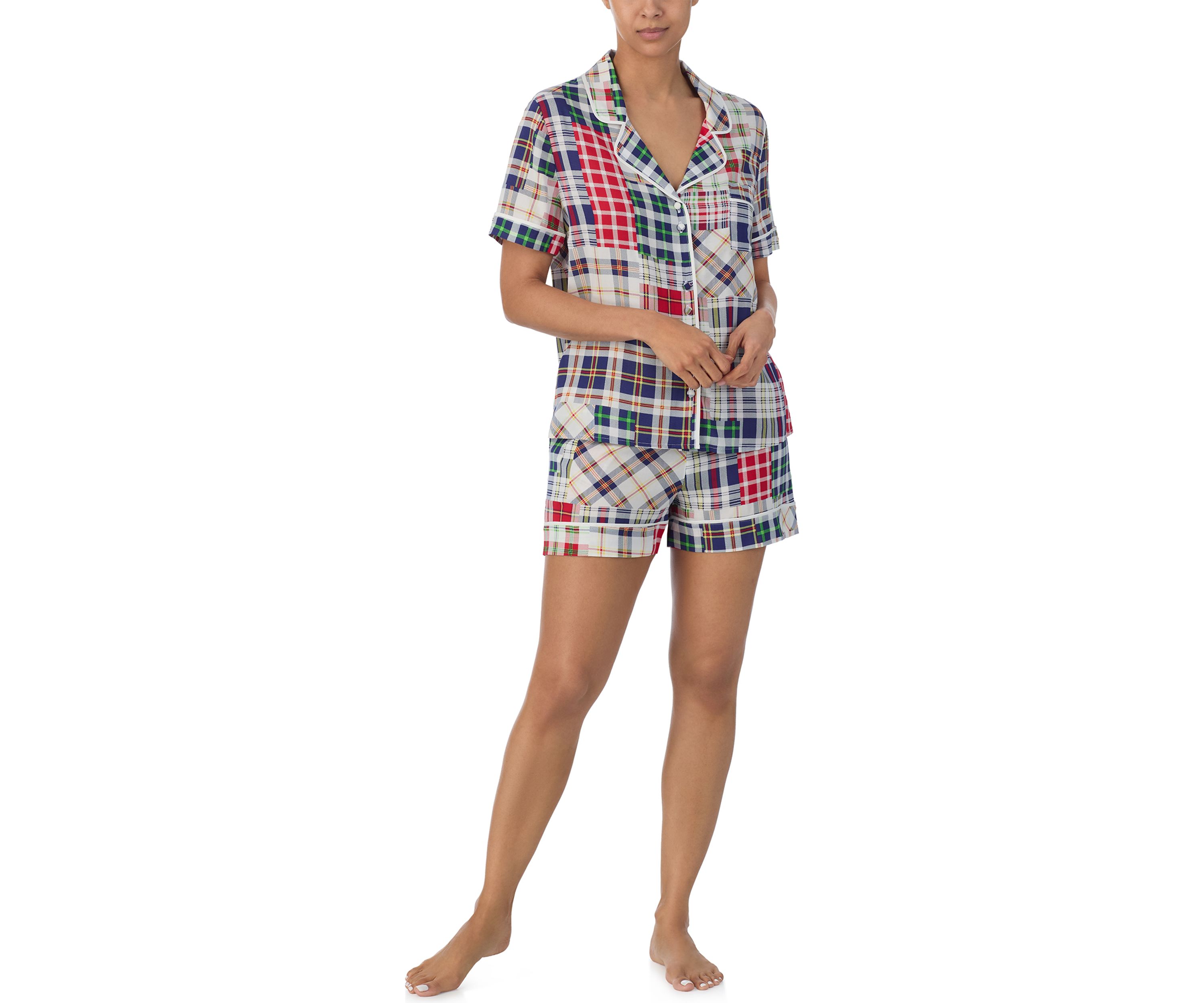 Printed Notch Collar Top and Boxer Shorts Pajama Set