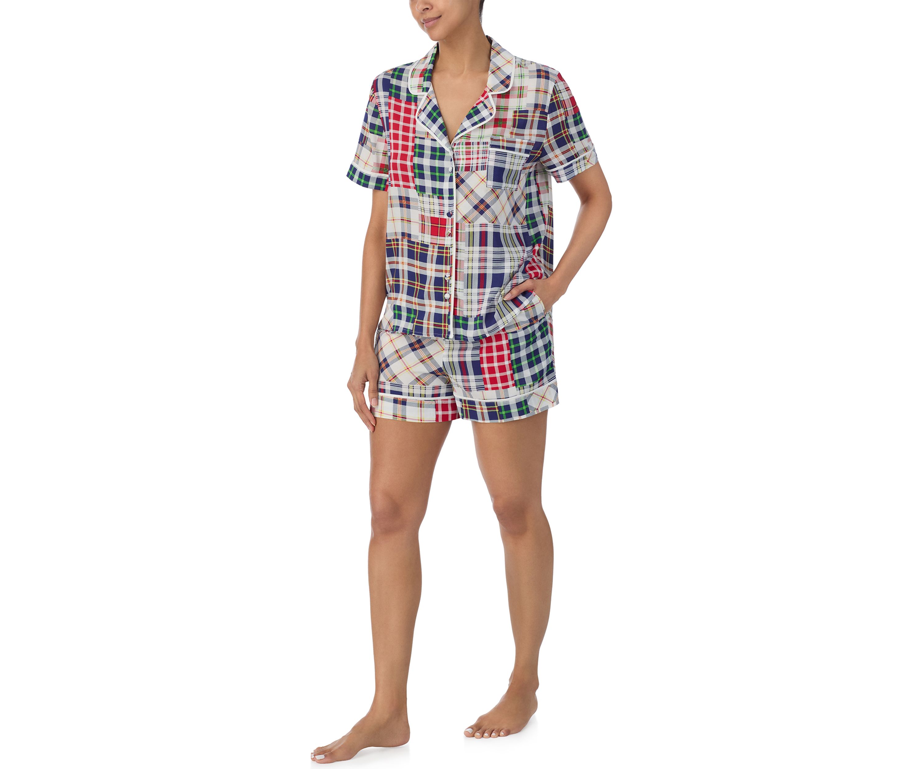 Printed Notch Collar Top and Boxer Shorts Pajama Set
