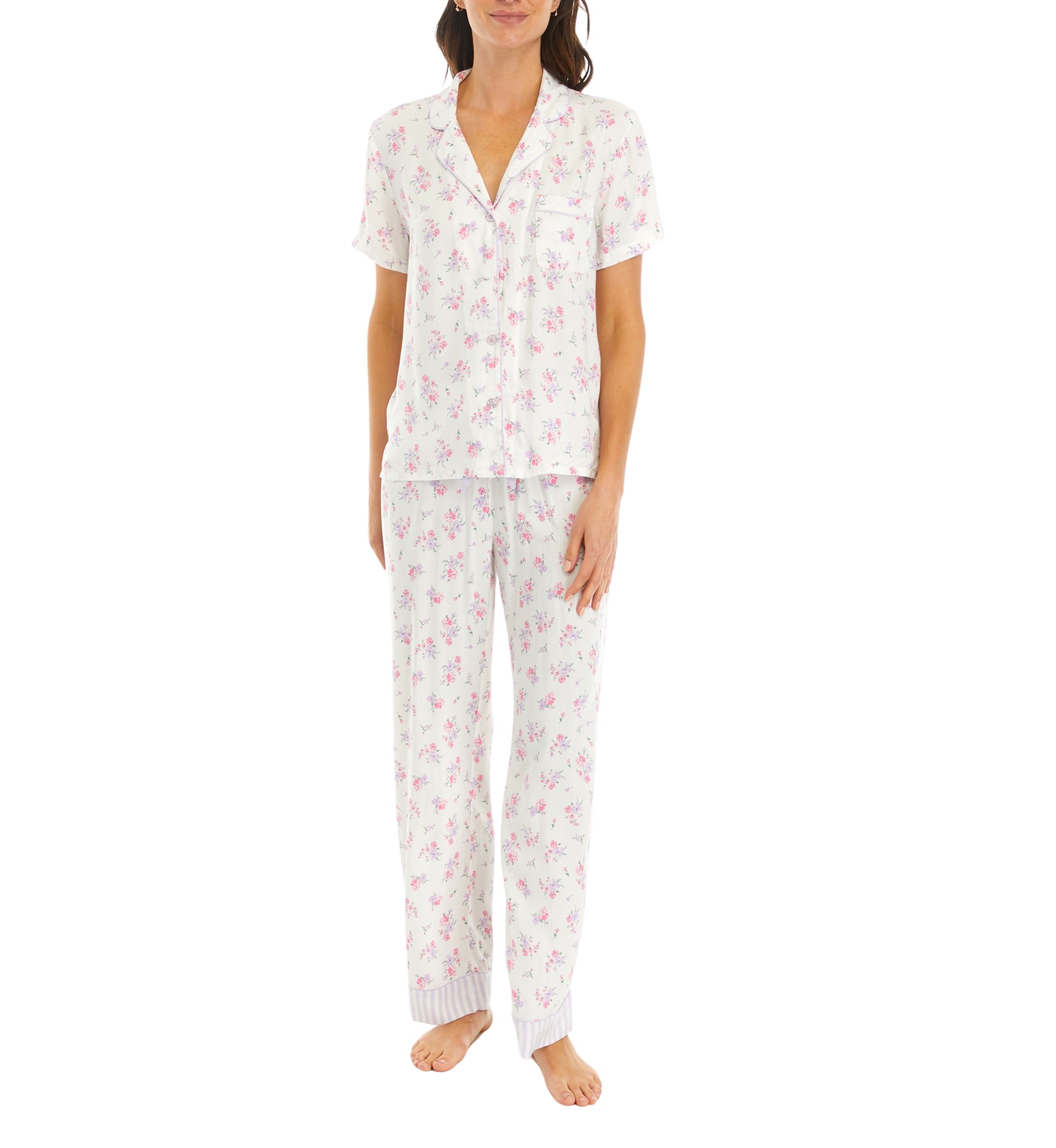 Short Sleeve Woven Top and Pants Pajama Set