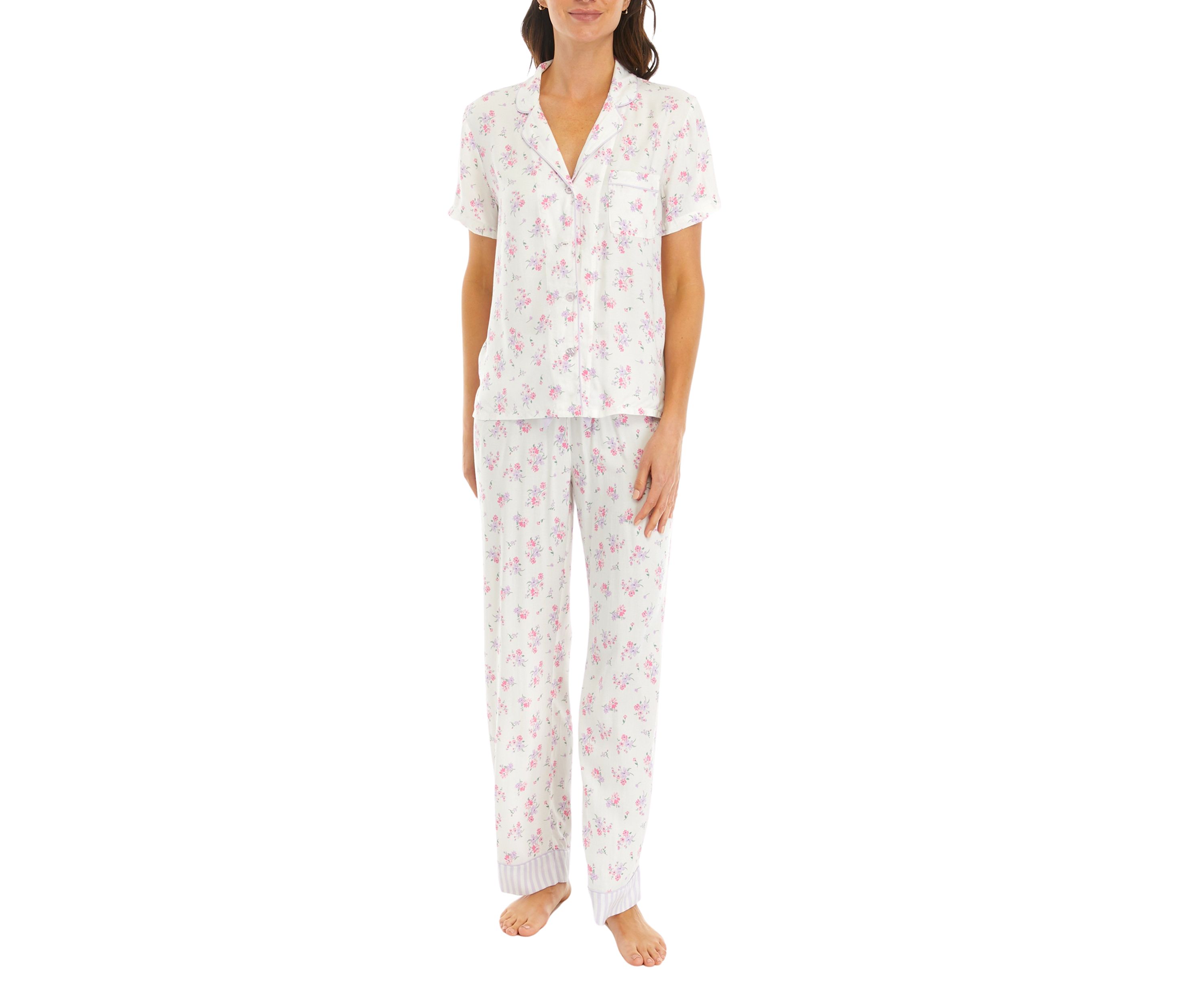 Short Sleeve Woven Top and Pants Pajama Set