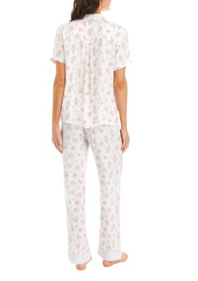 Short Sleeve Woven Top and Pants Pajama Set