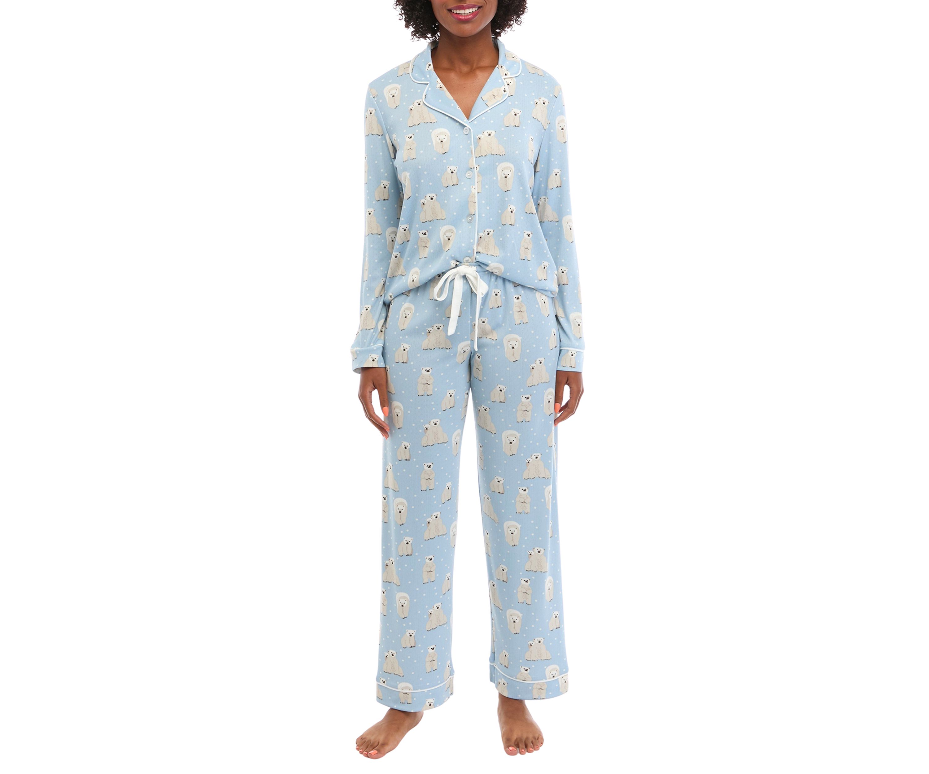 Brushed Pointelle Printed Notched Pajama Set 