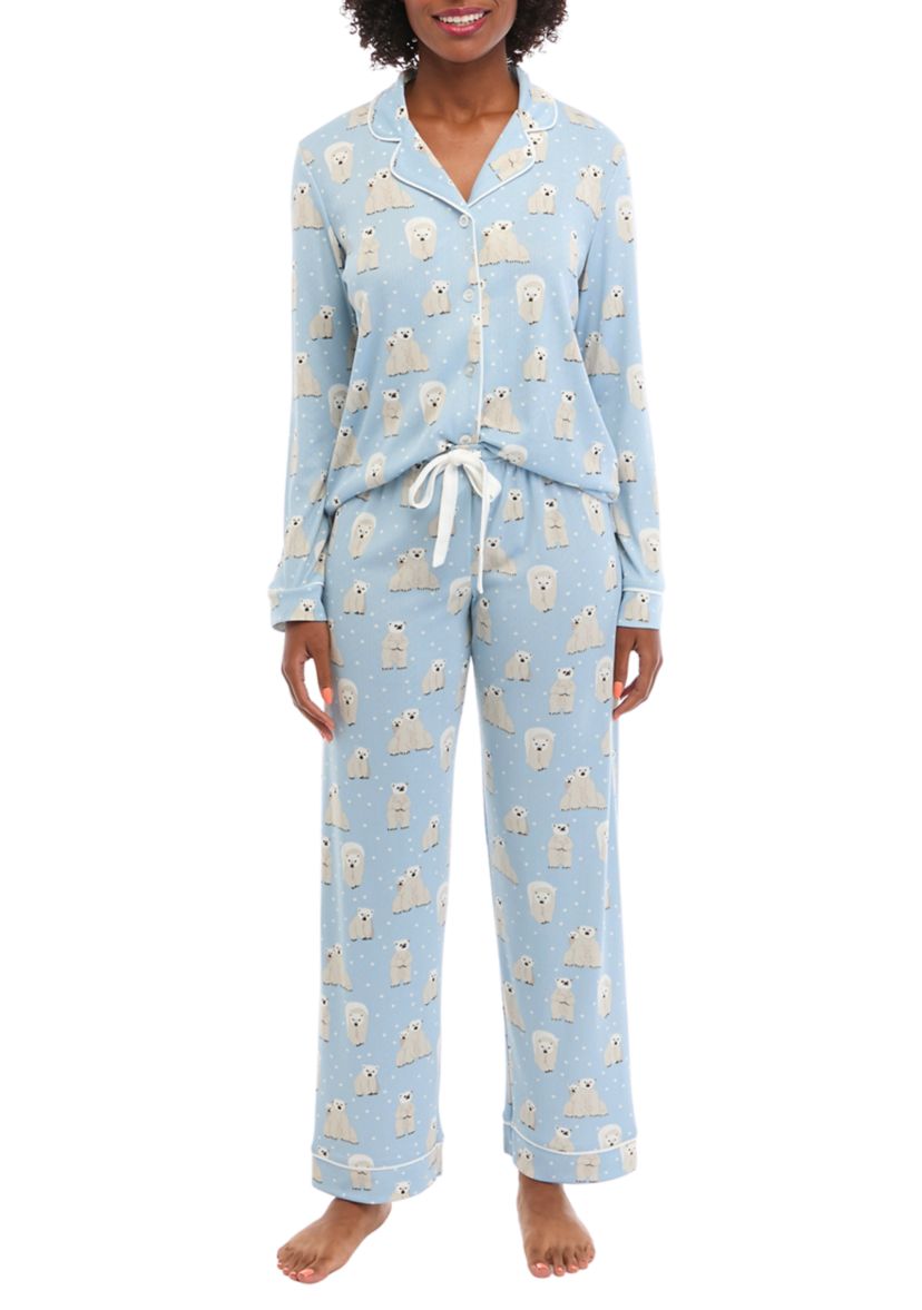 Brushed Pointelle Printed Notched Pajama Set 