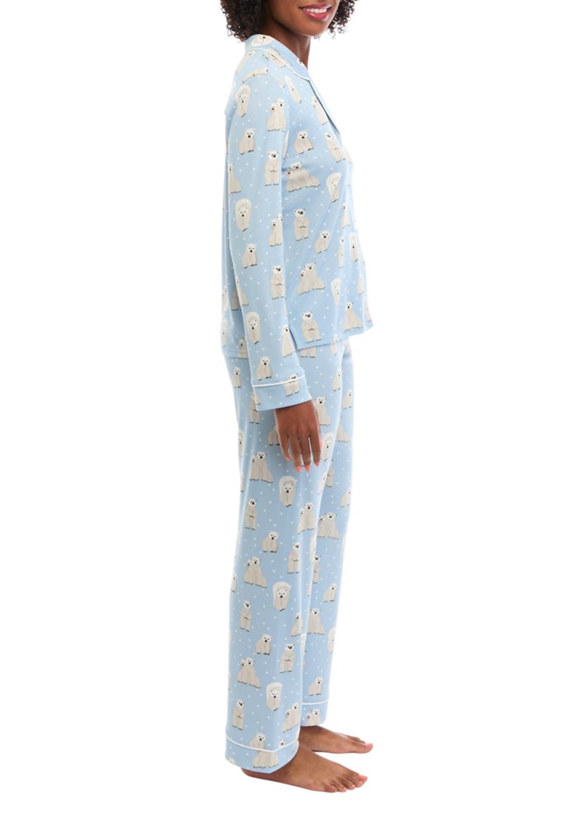 Brushed Pointelle Printed Notched Pajama Set 