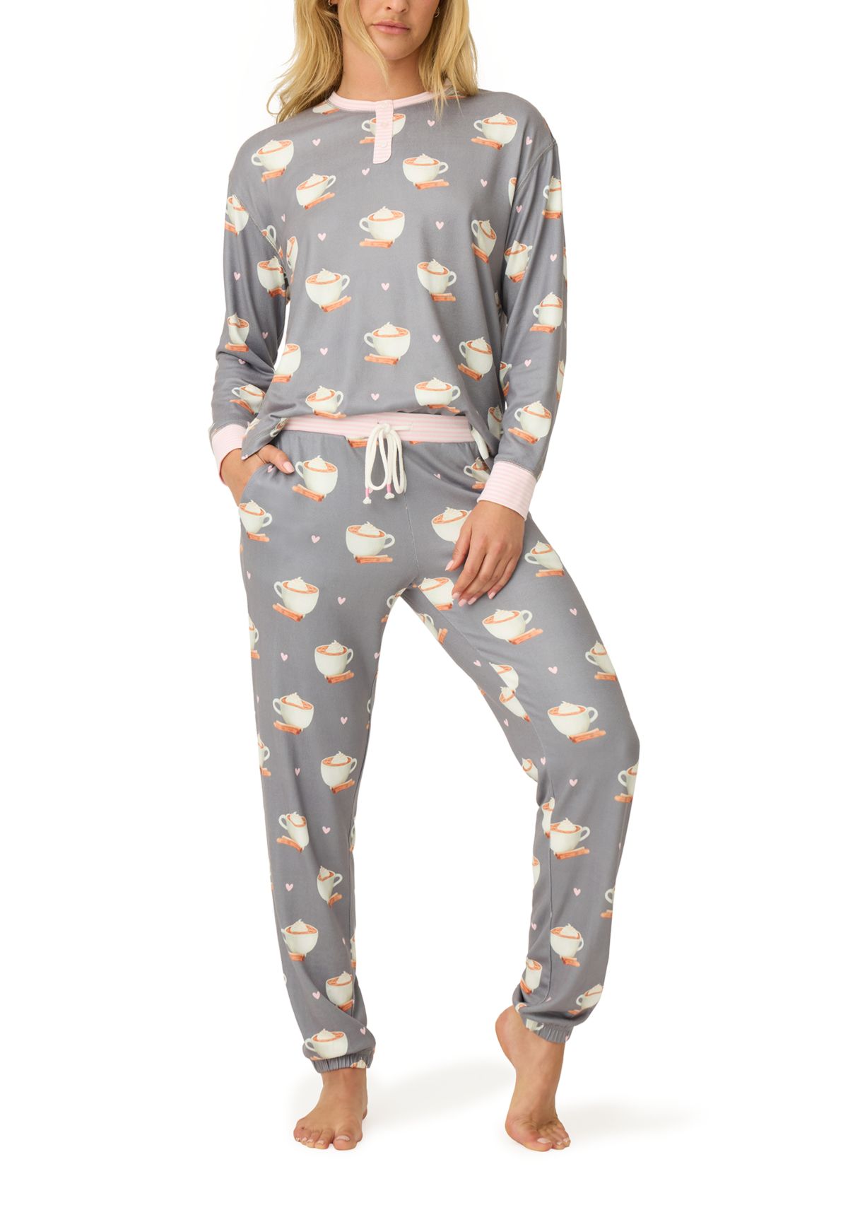  Womens Long Sleeve Henley Pajama Set 