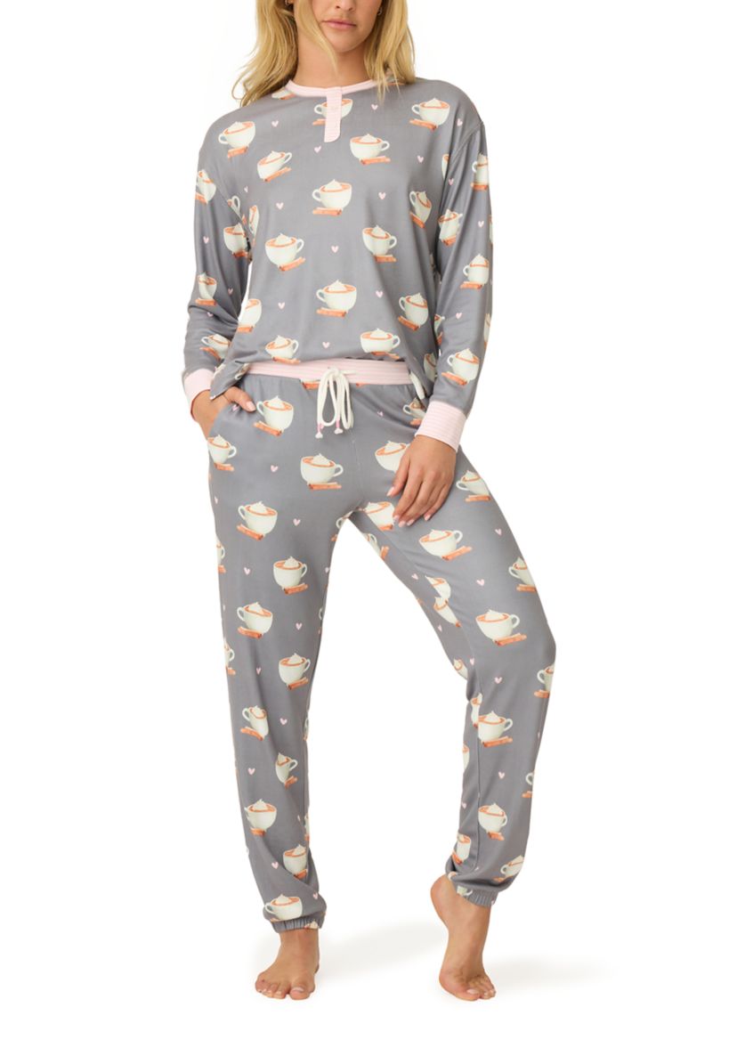  Womens Long Sleeve Henley Pajama Set 