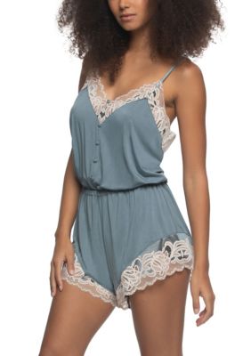 Felina Women's Amelie Vintage Lace Trimmed Romper, Blue, Large