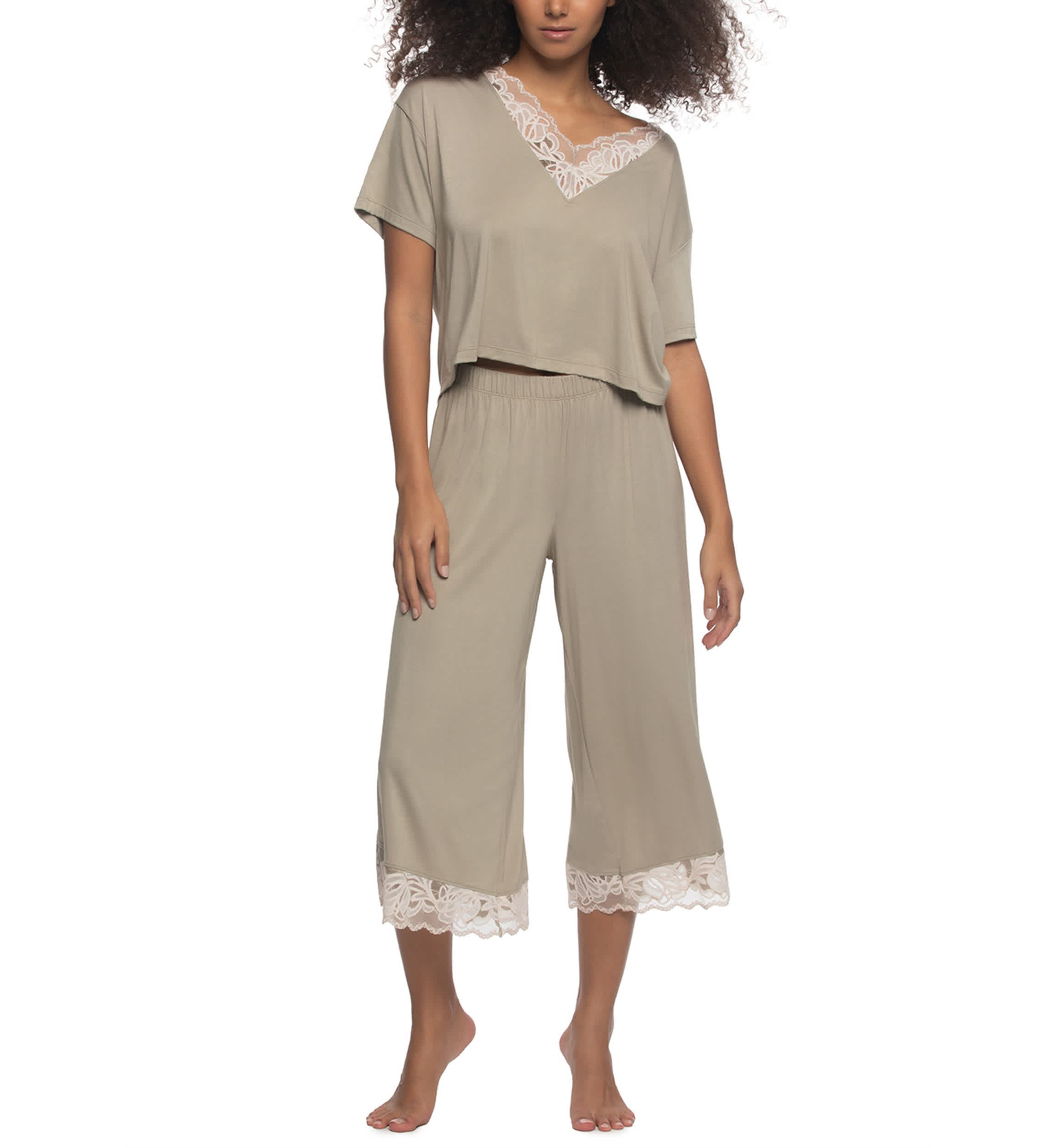 Amelie Vintage Lace Trimmed Crop Tee and Pant set