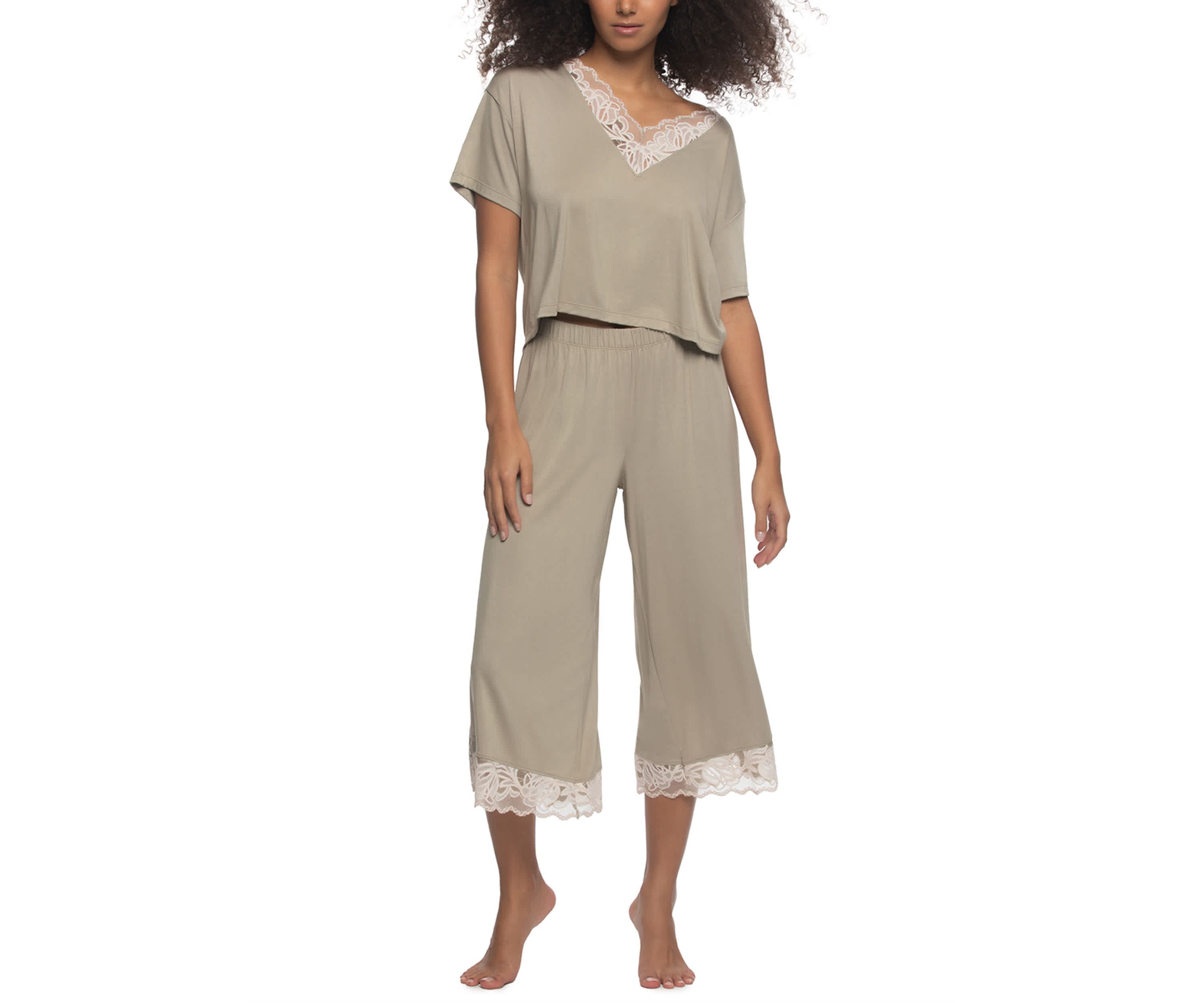 Amelie Vintage Lace Trimmed Crop Tee and Pant set