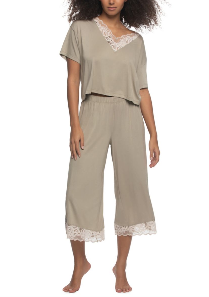 Amelie Vintage Lace Trimmed Crop Tee and Pant set