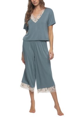 Felina Women's Amelie Vintage Lace Trimmed Crop Tee and Pant set, Blue, XL