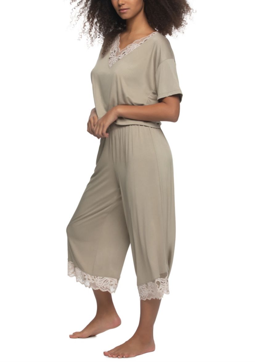 Amelie Vintage Lace Trimmed Crop Tee and Pant set