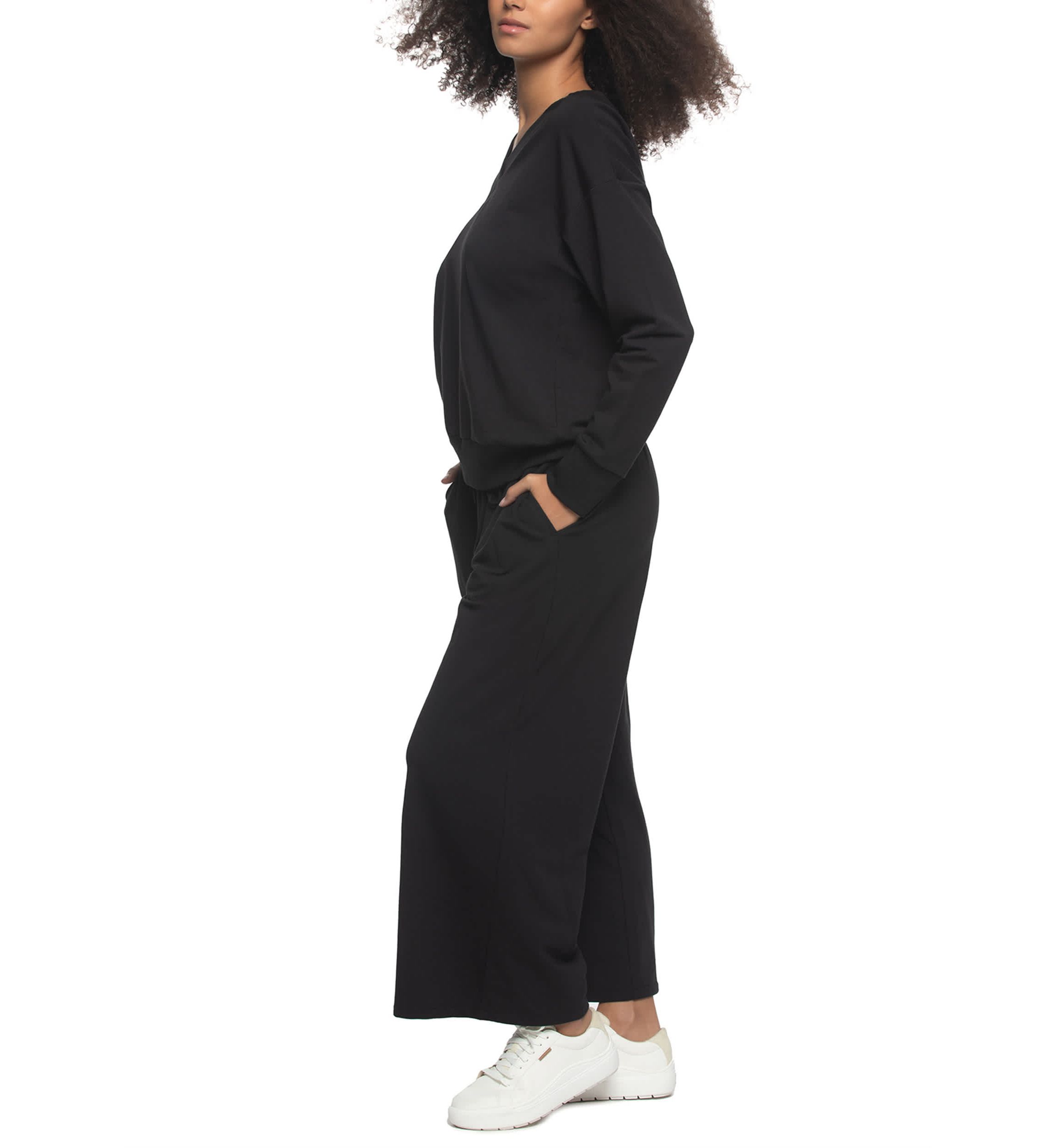 Kimora French Terry V-neck Sweatshirt w Wide Leg Pants Set