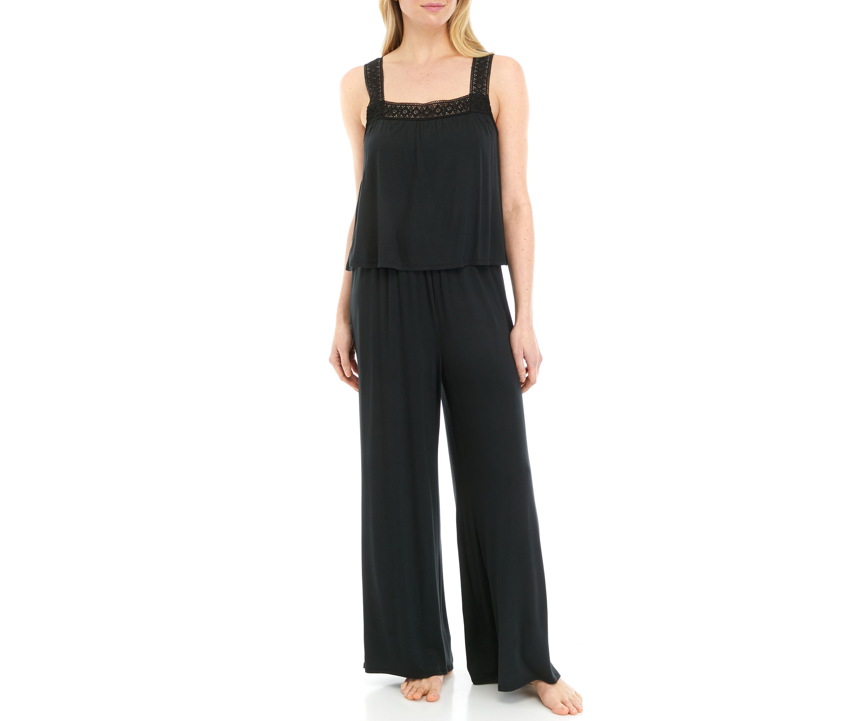 Tank Top with Lace Detail and Wide Leg Pajama Pants Set