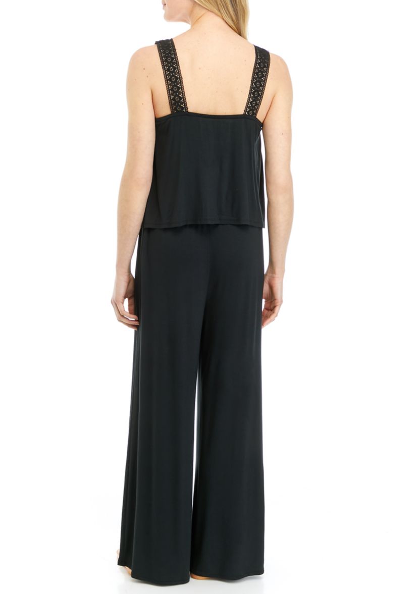 Tank Top with Lace Detail and Wide Leg Pajama Pants Set