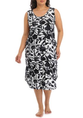 Plus Printed Midi Nightgown with Lace Detail