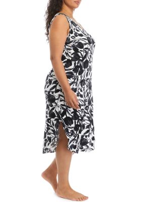 Plus Printed Midi Nightgown with Lace Detail