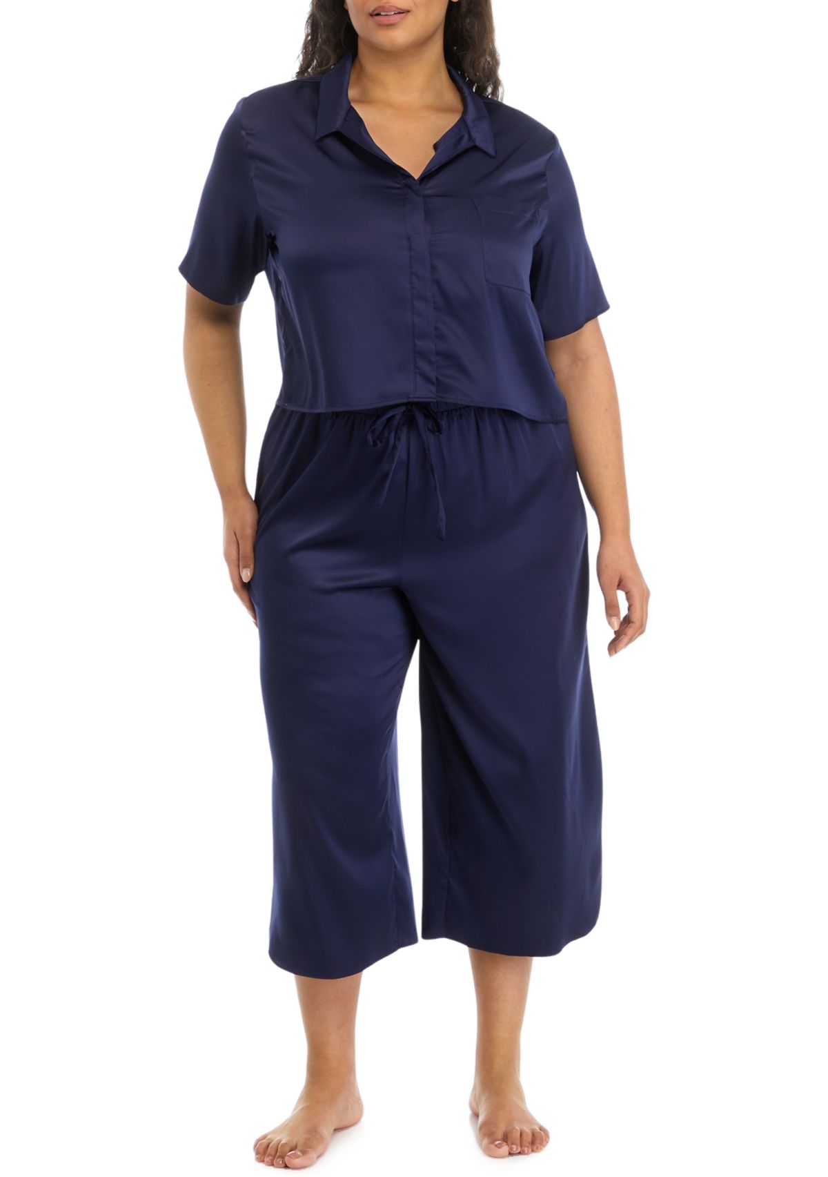 Plus Size Satin Boxy Button Down Pajama Set