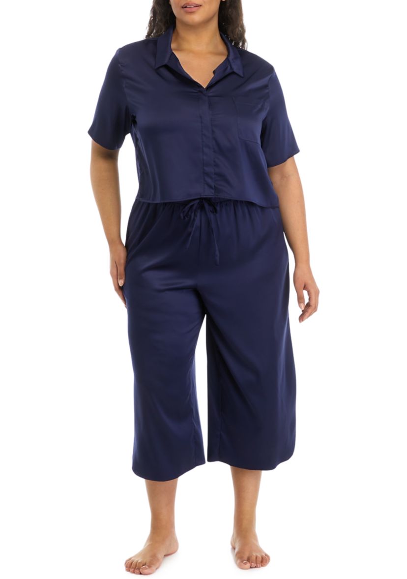 Plus Size Satin Boxy Button Down Pajama Set