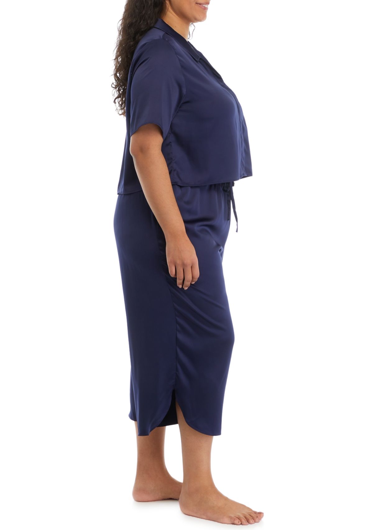 Plus Size Satin Boxy Button Down Pajama Set