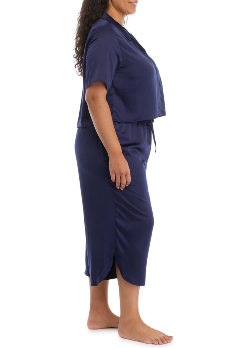 Plus Size Satin Boxy Button Down Pajama Set