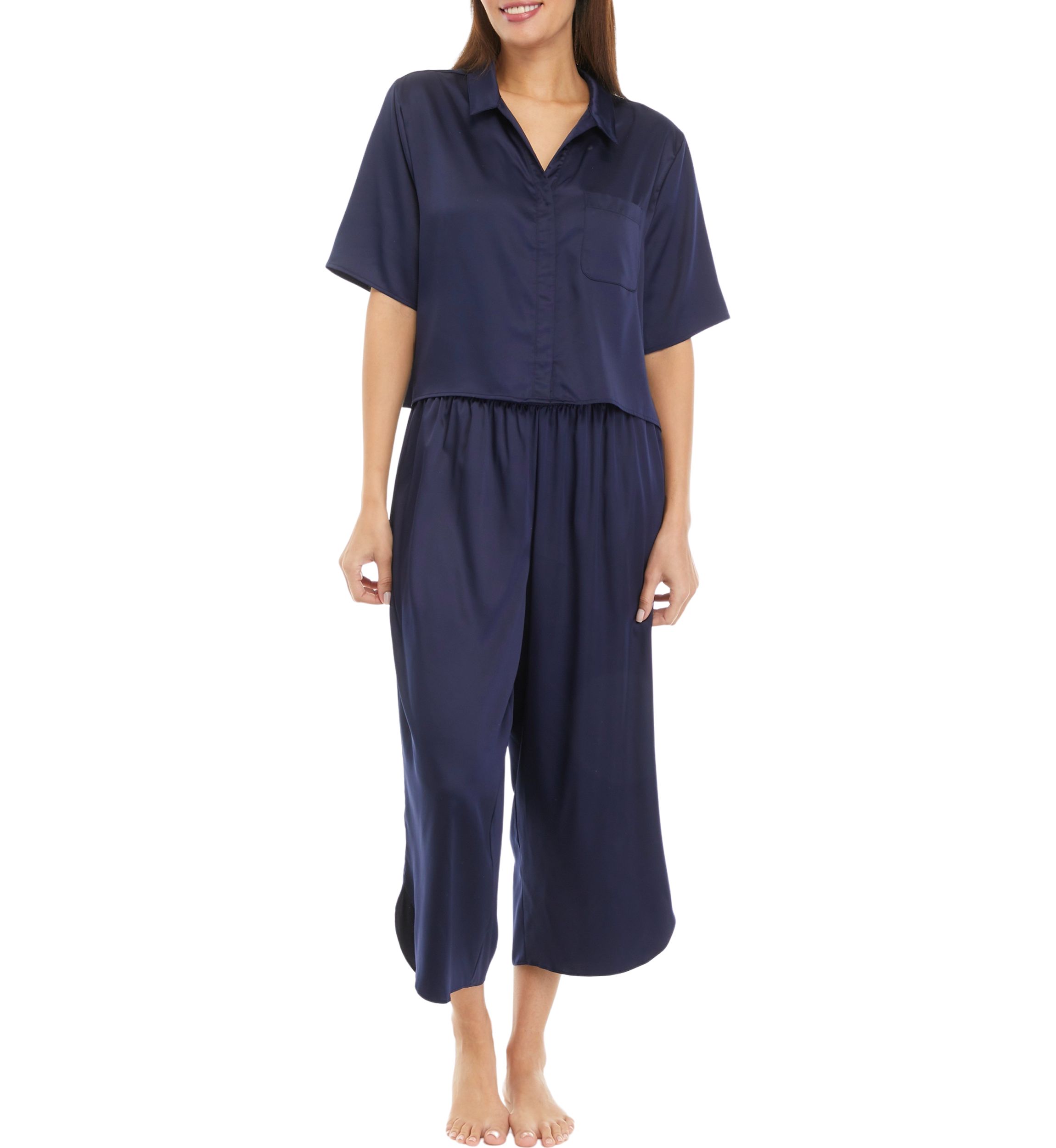 Womens Short Sleeve Satin Boxy Button Down Pajama Set