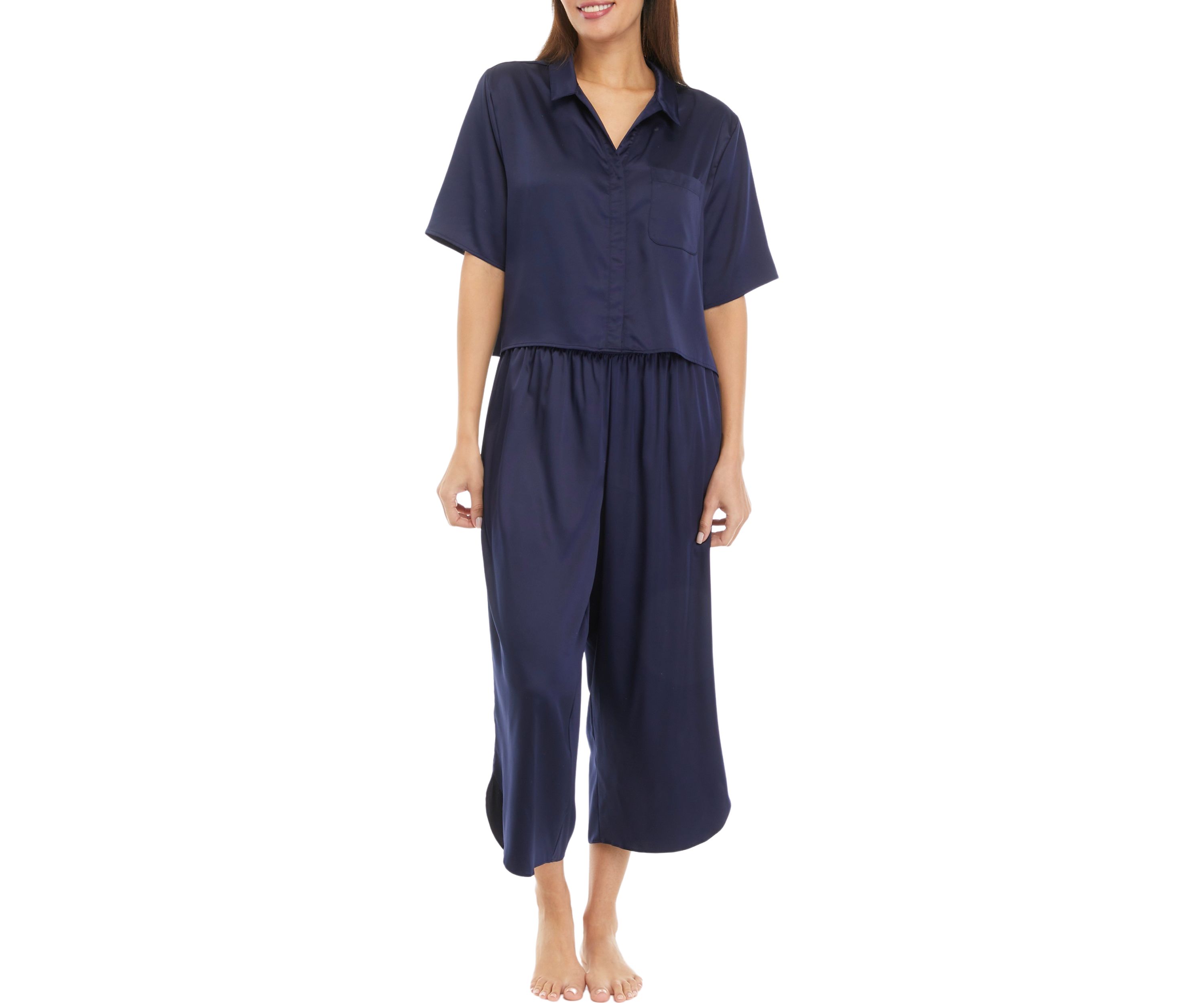 Womens Short Sleeve Satin Boxy Button Down Pajama Set