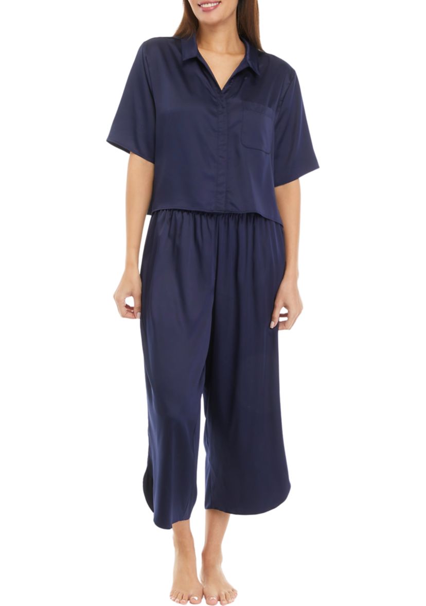 Womens Short Sleeve Satin Boxy Button Down Pajama Set