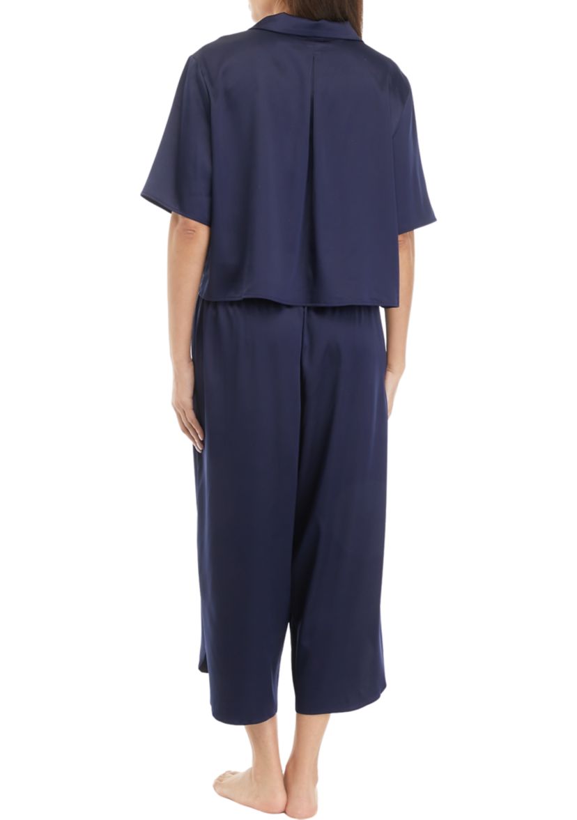 Womens Short Sleeve Satin Boxy Button Down Pajama Set