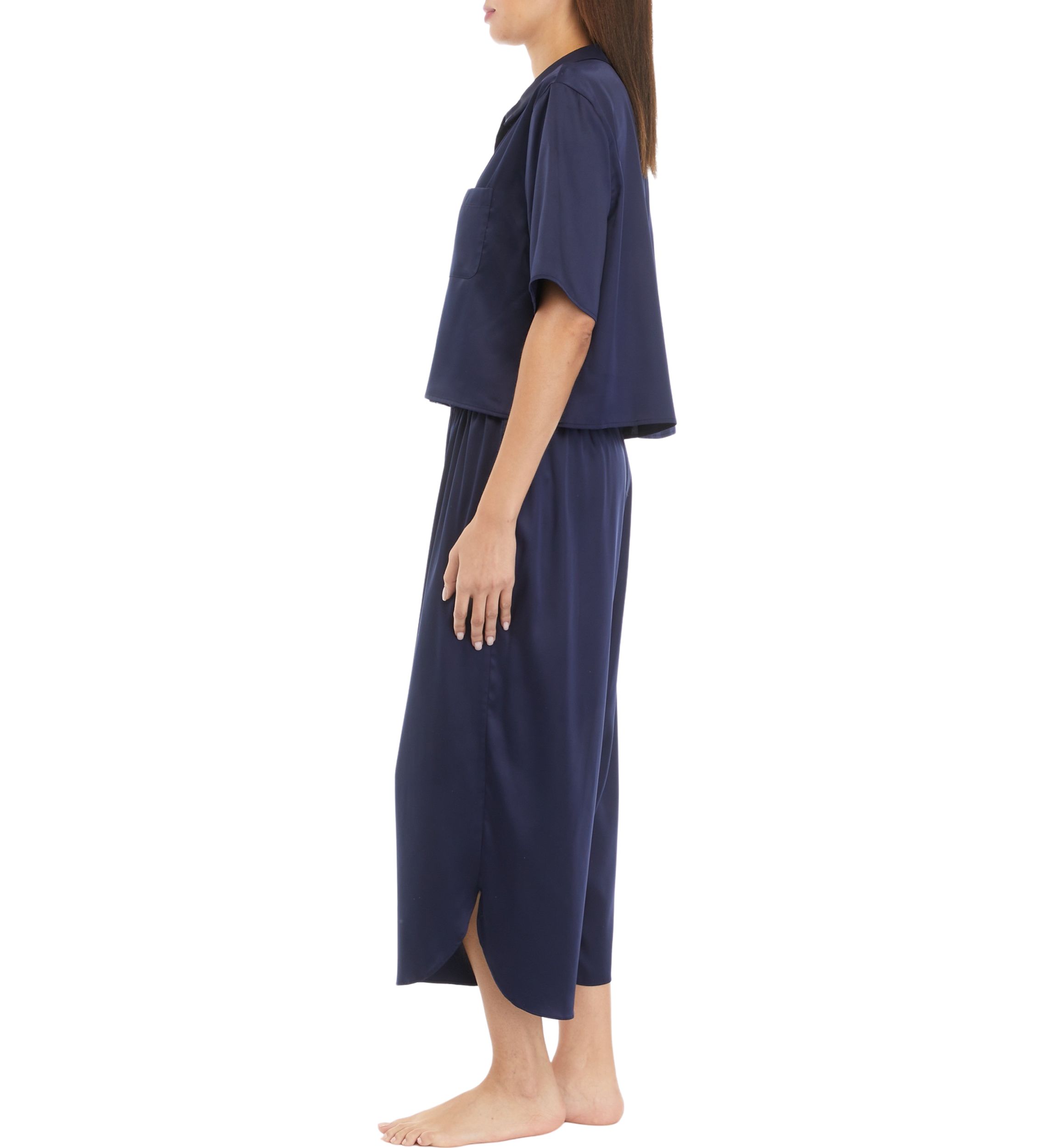 Womens Short Sleeve Satin Boxy Button Down Pajama Set