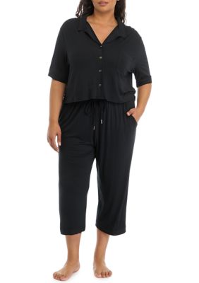 Plus Modern Button Down Shirt and Pants Pajama Set