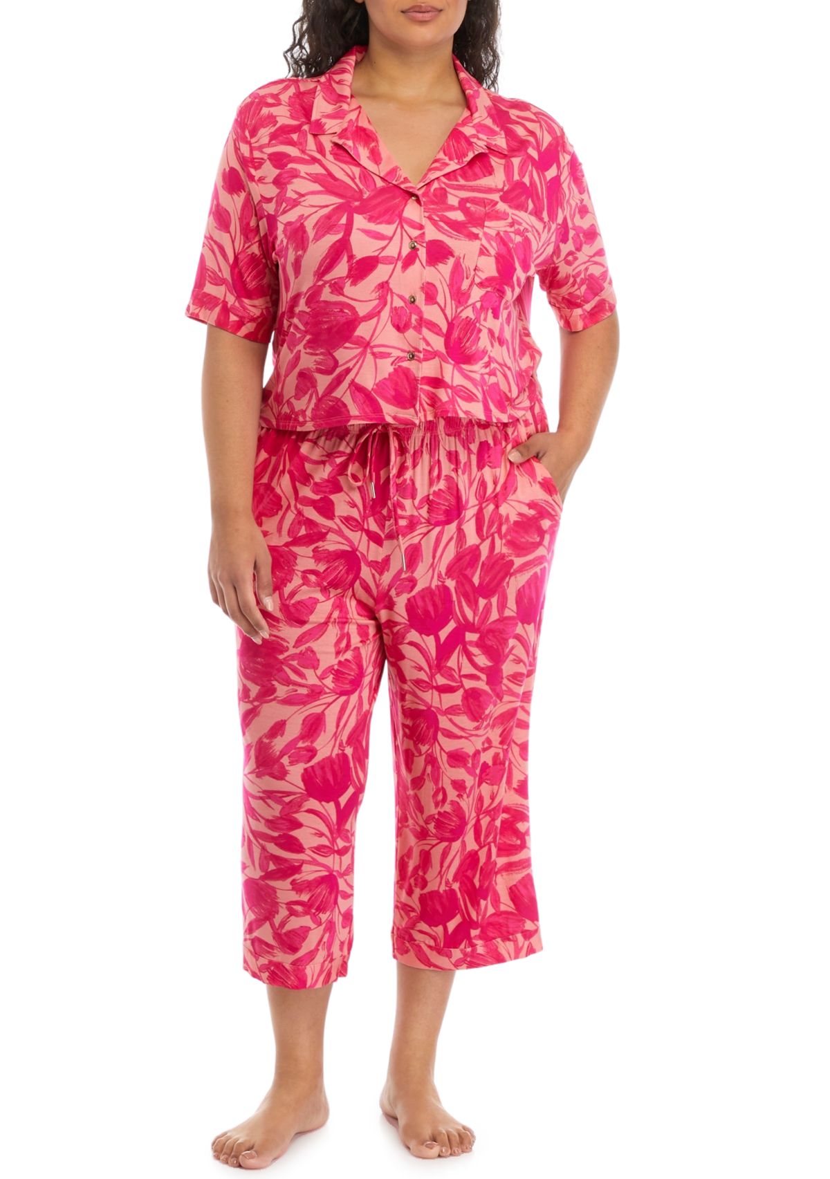 Plus Size Modern Button Down Shirt and Pants Pajama Set