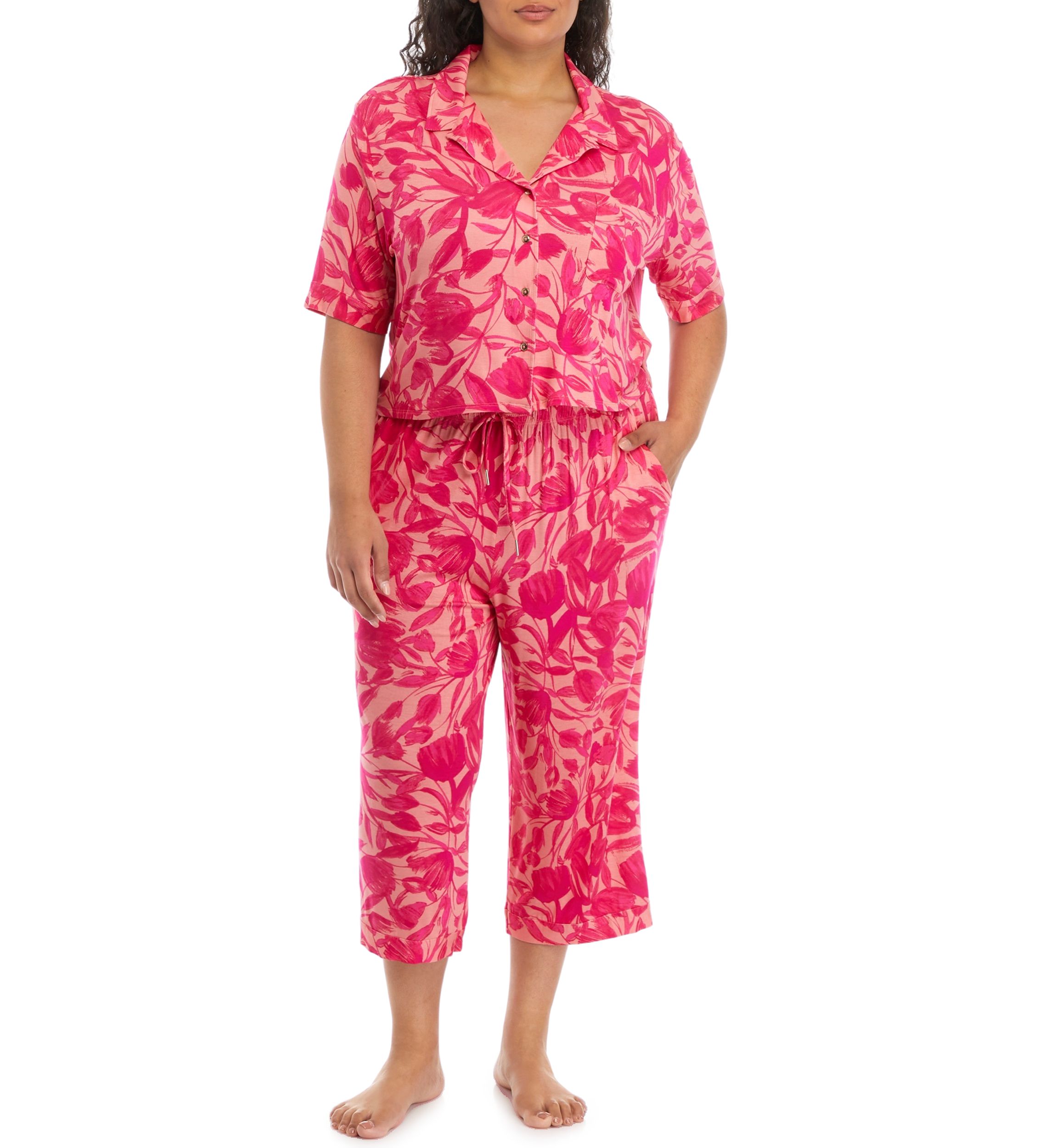 Plus Size Modern Button Down Shirt and Pants Pajama Set