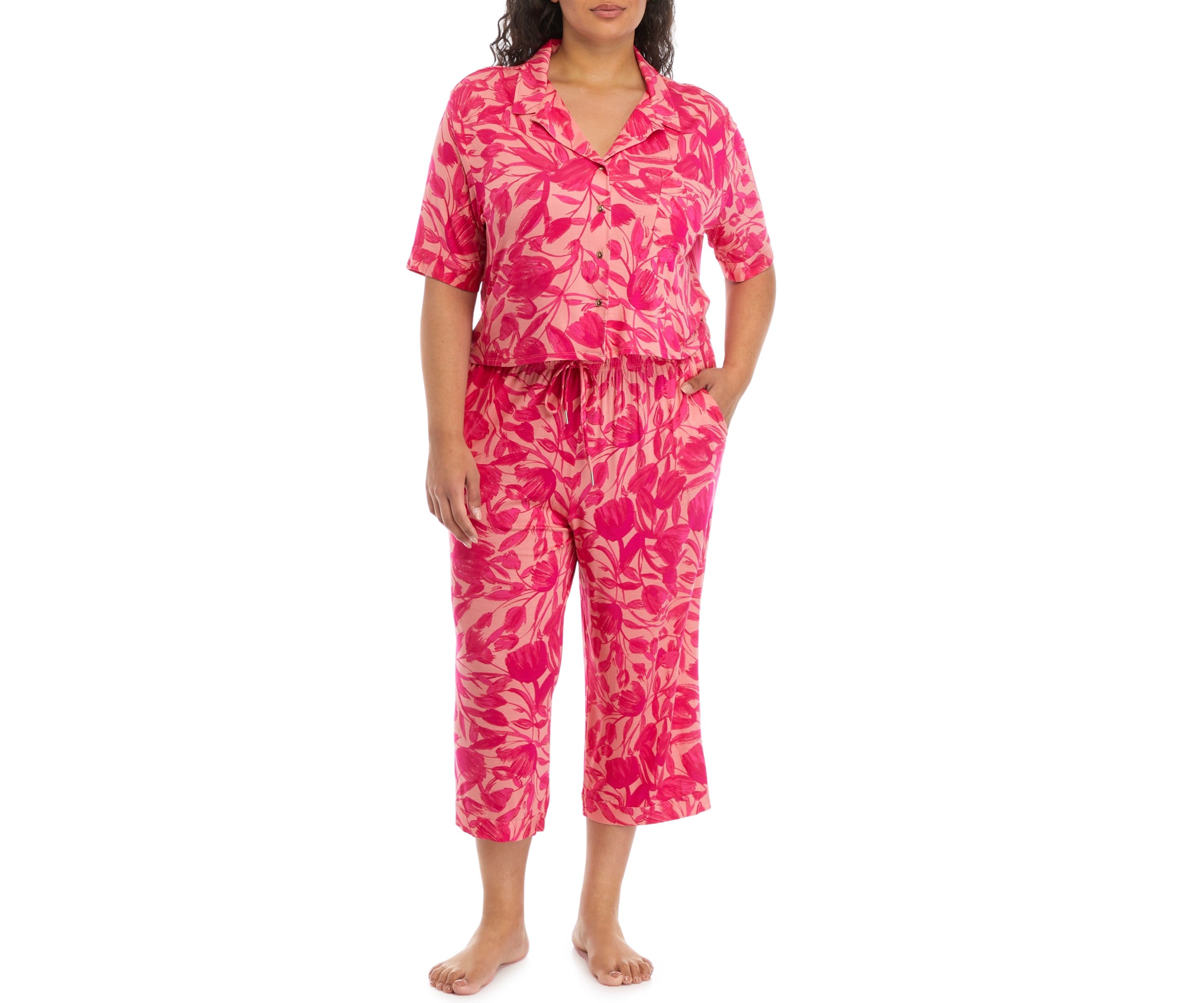 Plus Size Modern Button Down Shirt and Pants Pajama Set